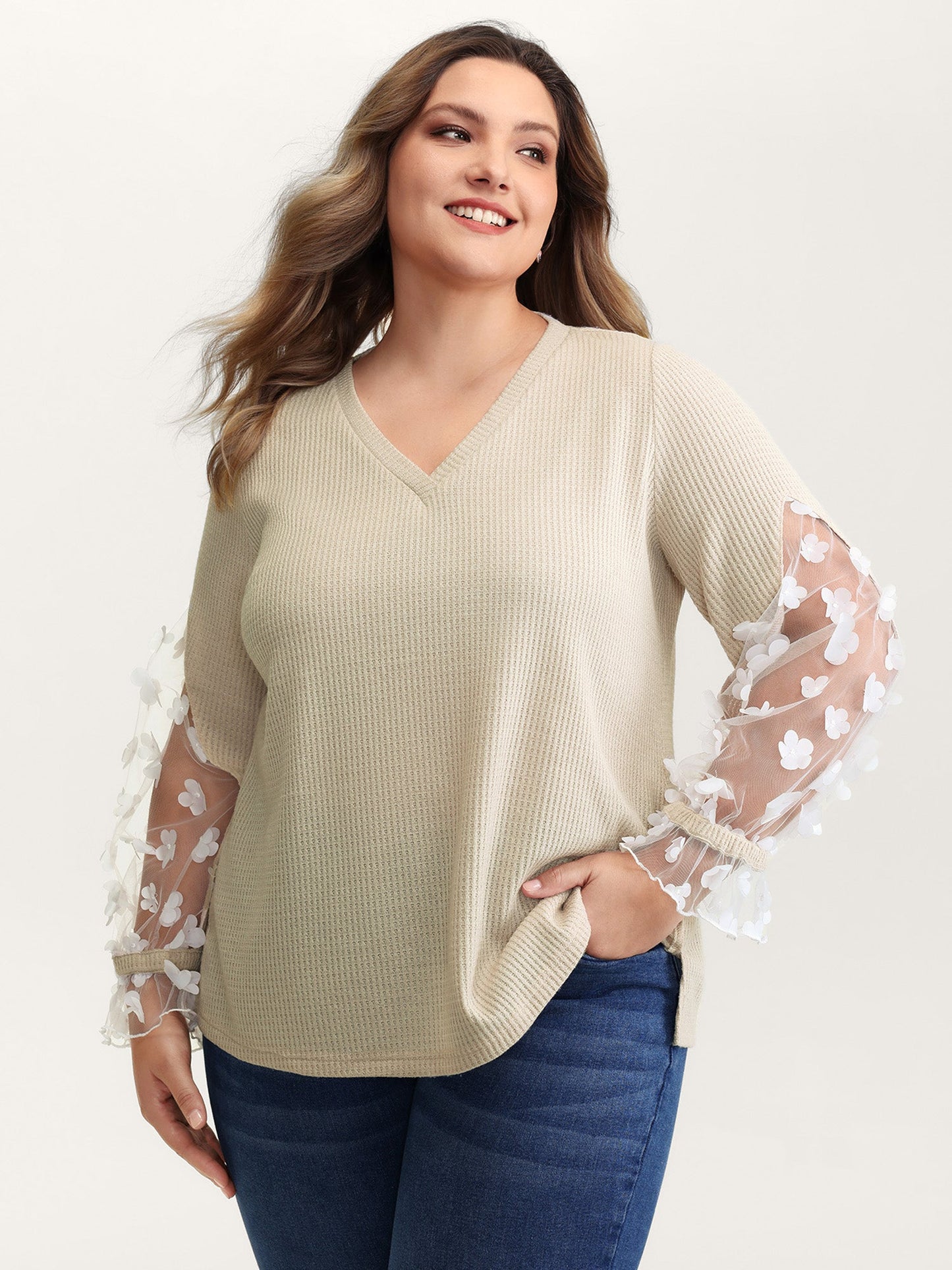 Floral Sheer Textured Sleeve V-Neck Sweatshirt