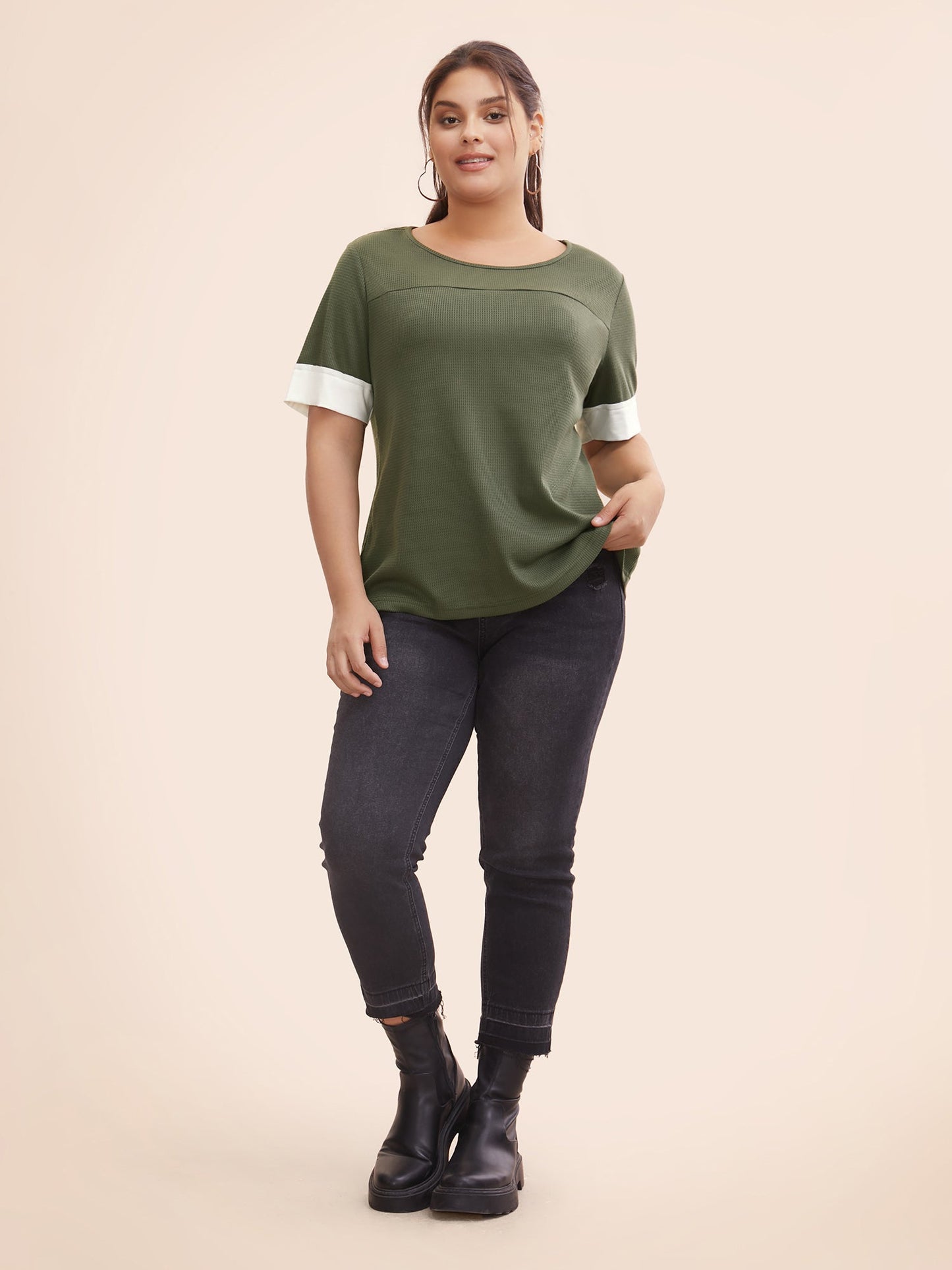Crew Neck Waffle Knit Patchwork Contrast T-shirt