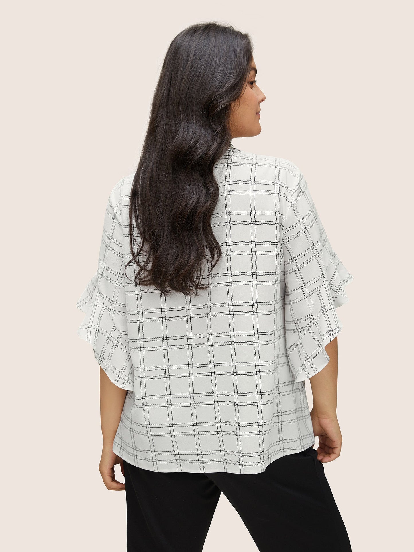 Plaid Notched Patchwork Ruffle Sleeve Blouse