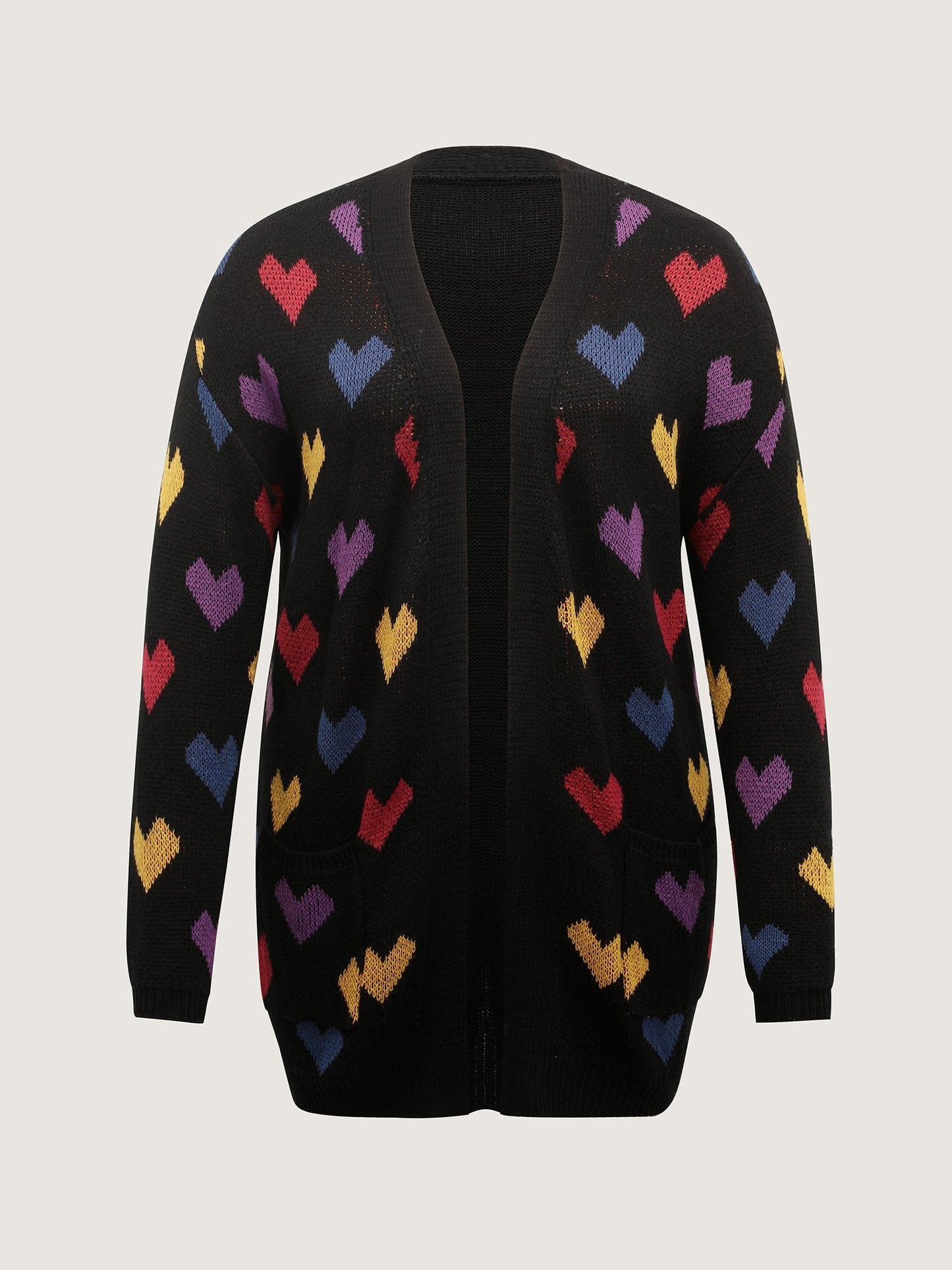 Colorful Hearts Jacquard Pockets Knit Cardigan