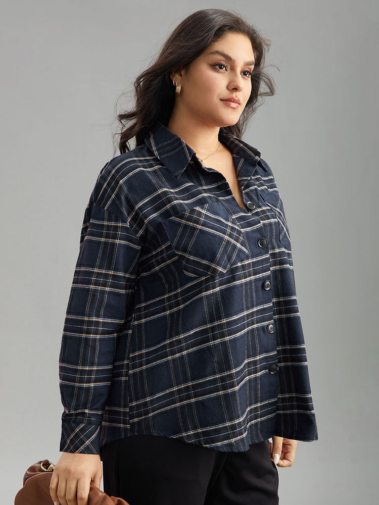 Plaid Shirt Collar Button Through Pocket Blouse