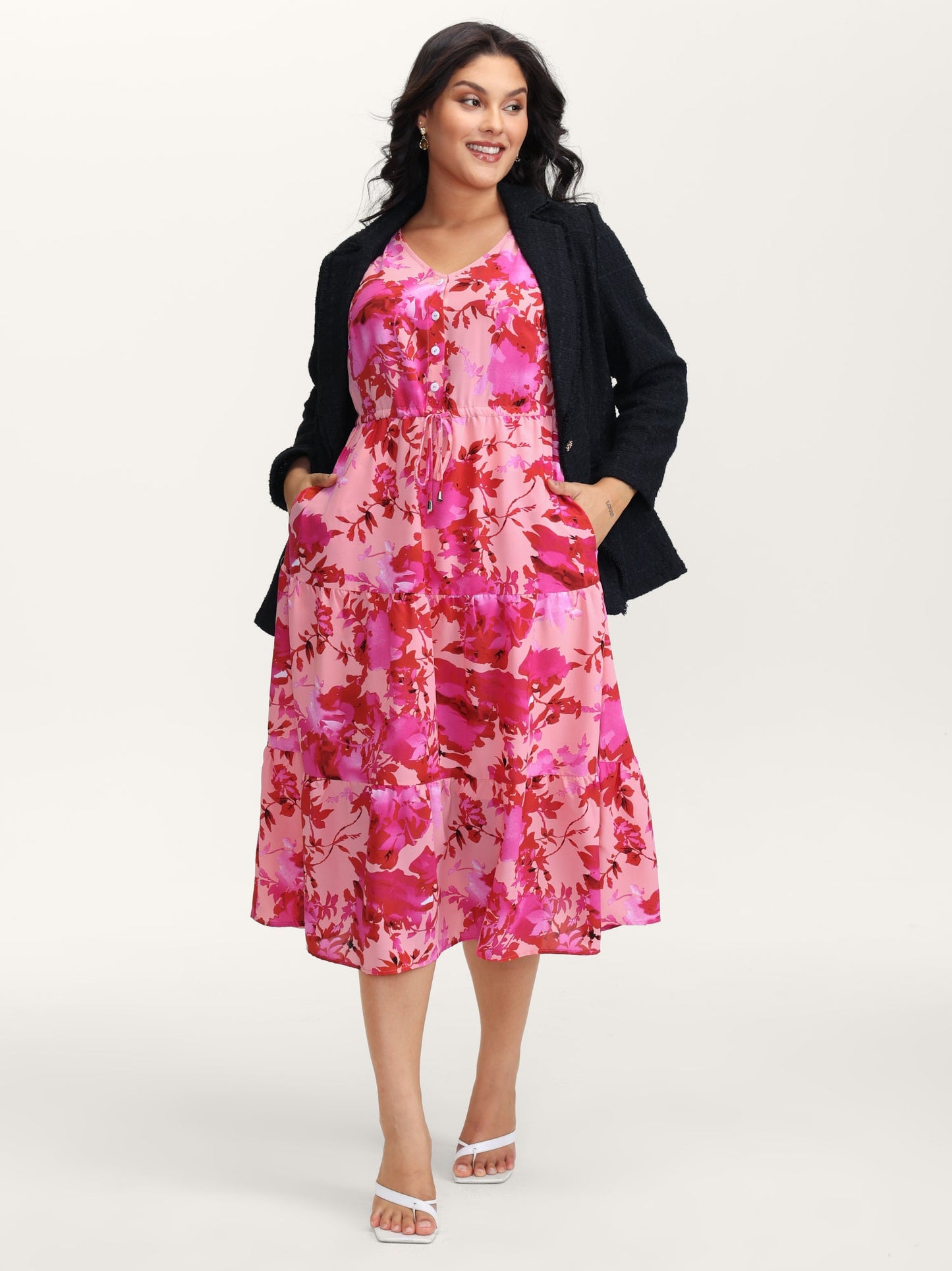 Floral Print Flowy Skirt Drawstring Maxi Dress