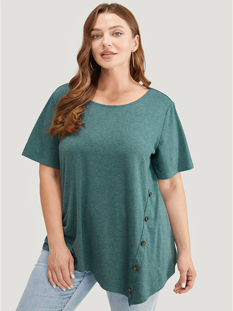Solid Asymmetrical Hem Button Detail Ruffles T-shirt