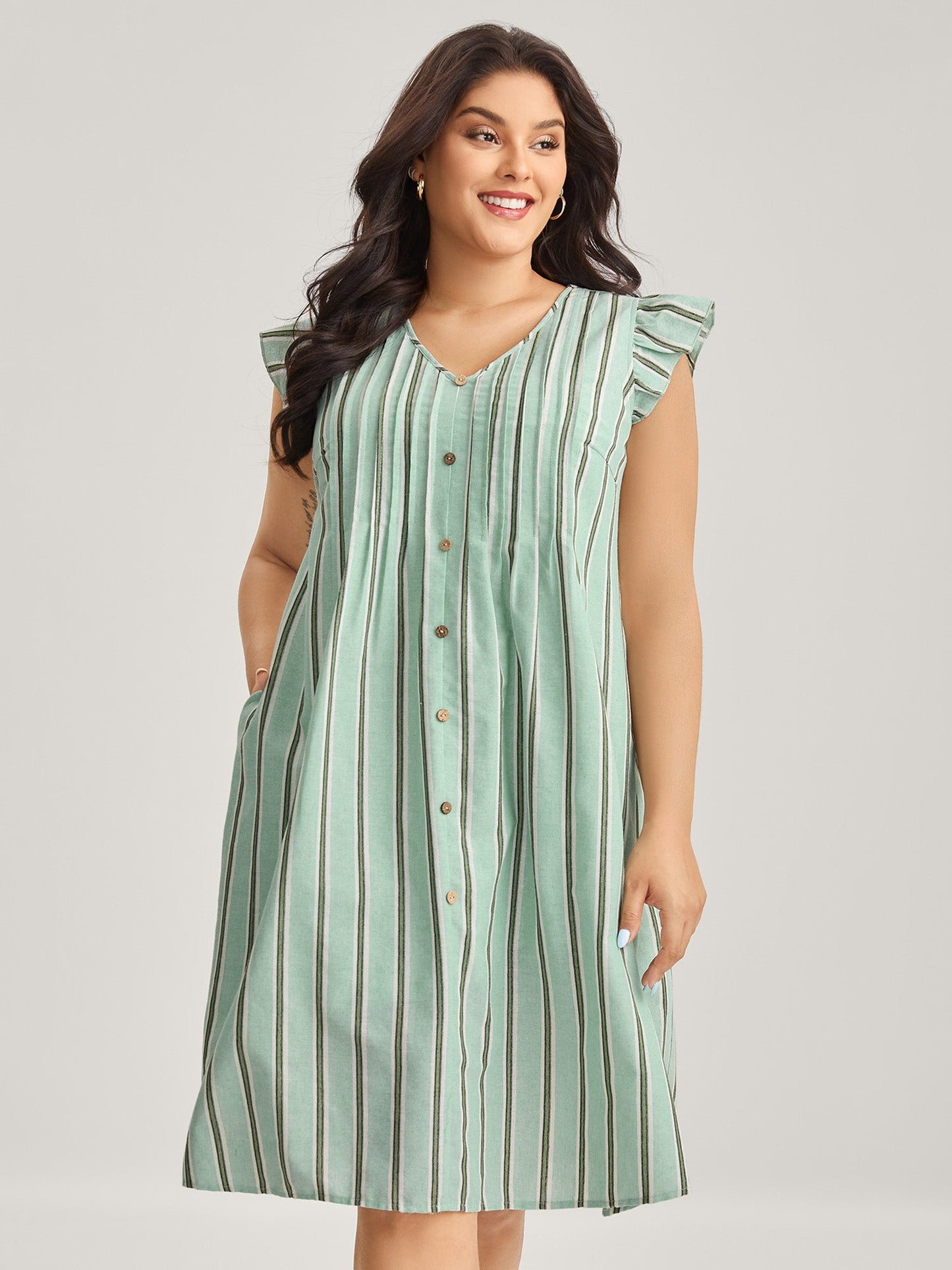 Pleated Front Stripes Pockets Midi Dress