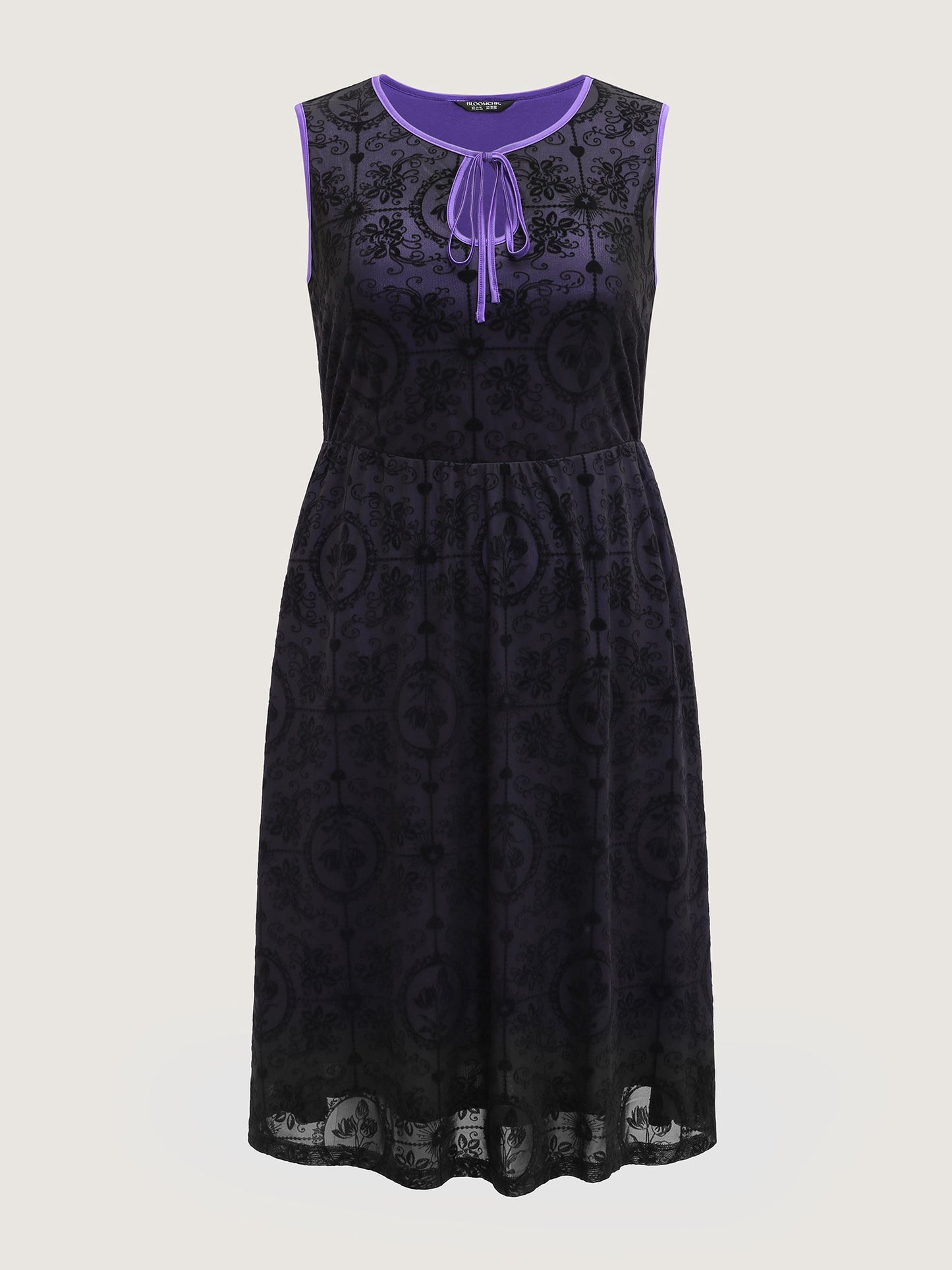 Elastic Flocked Mesh Contrast Lined Midi Dress