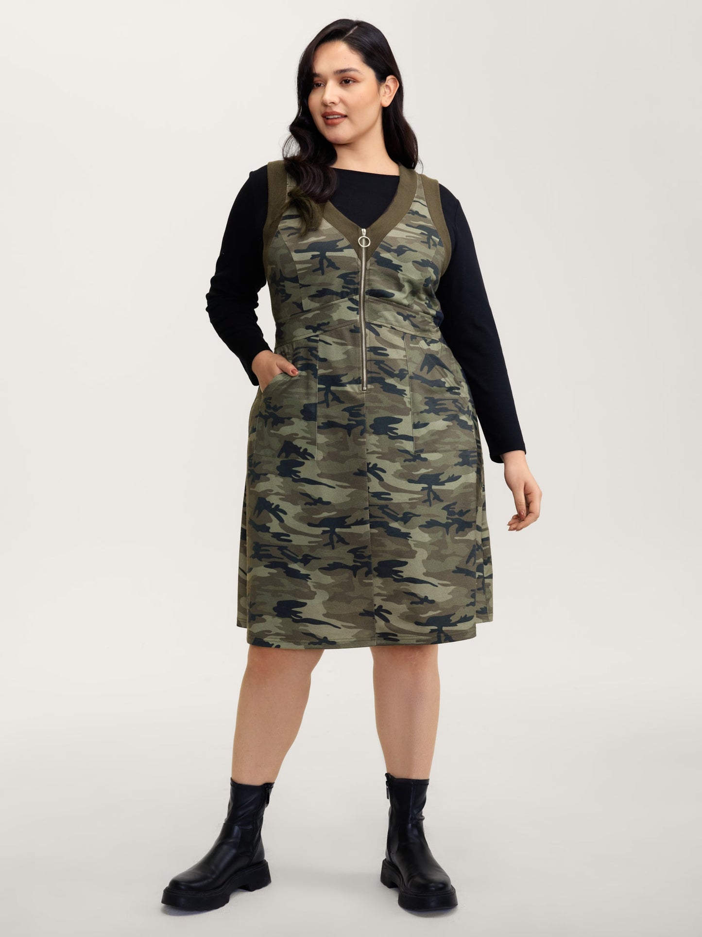 Camouflage Print Zipper Front Pockets Midi Dress
