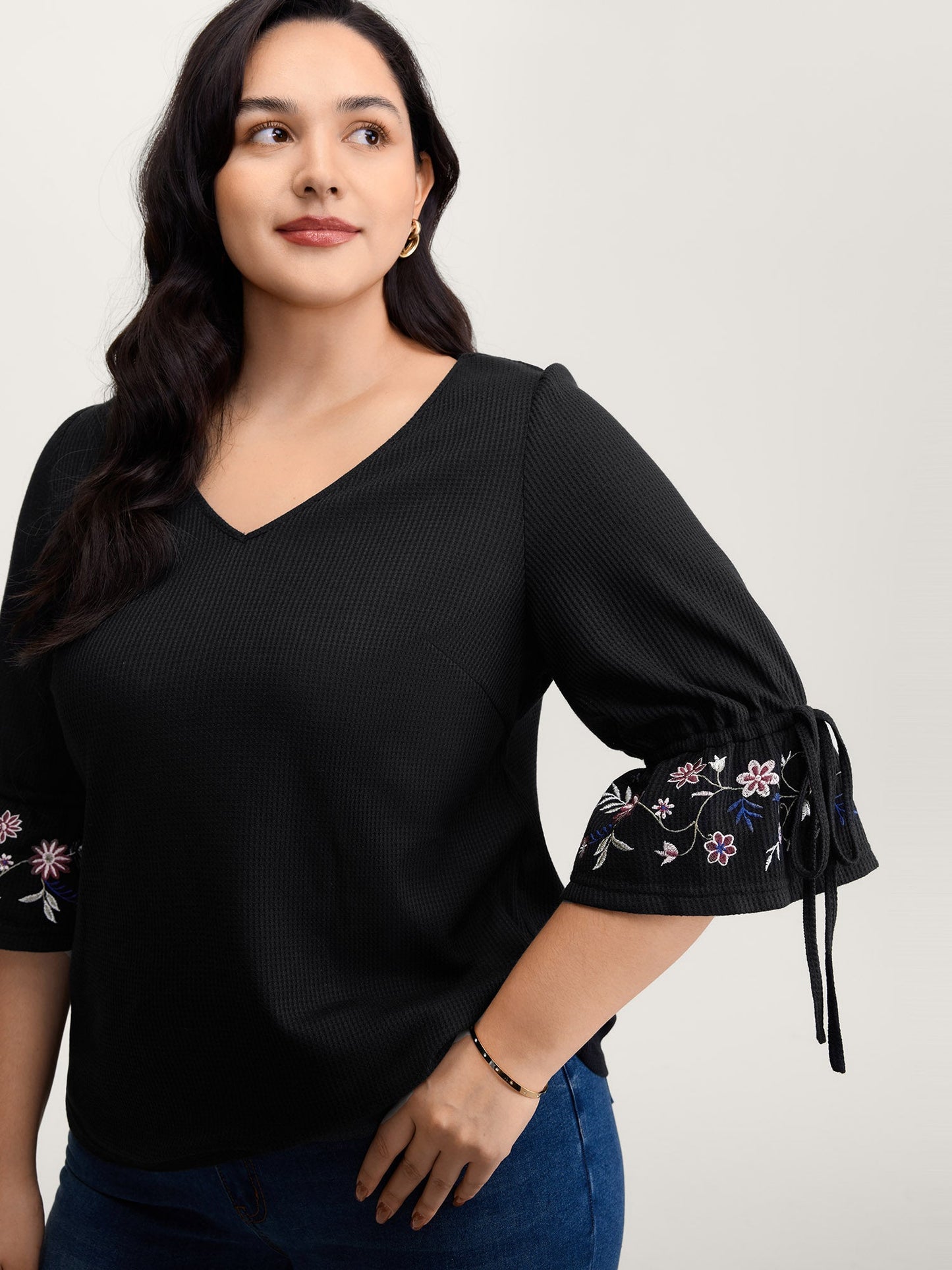 Floral Sleeve Embroidery Drawstring Knit Top