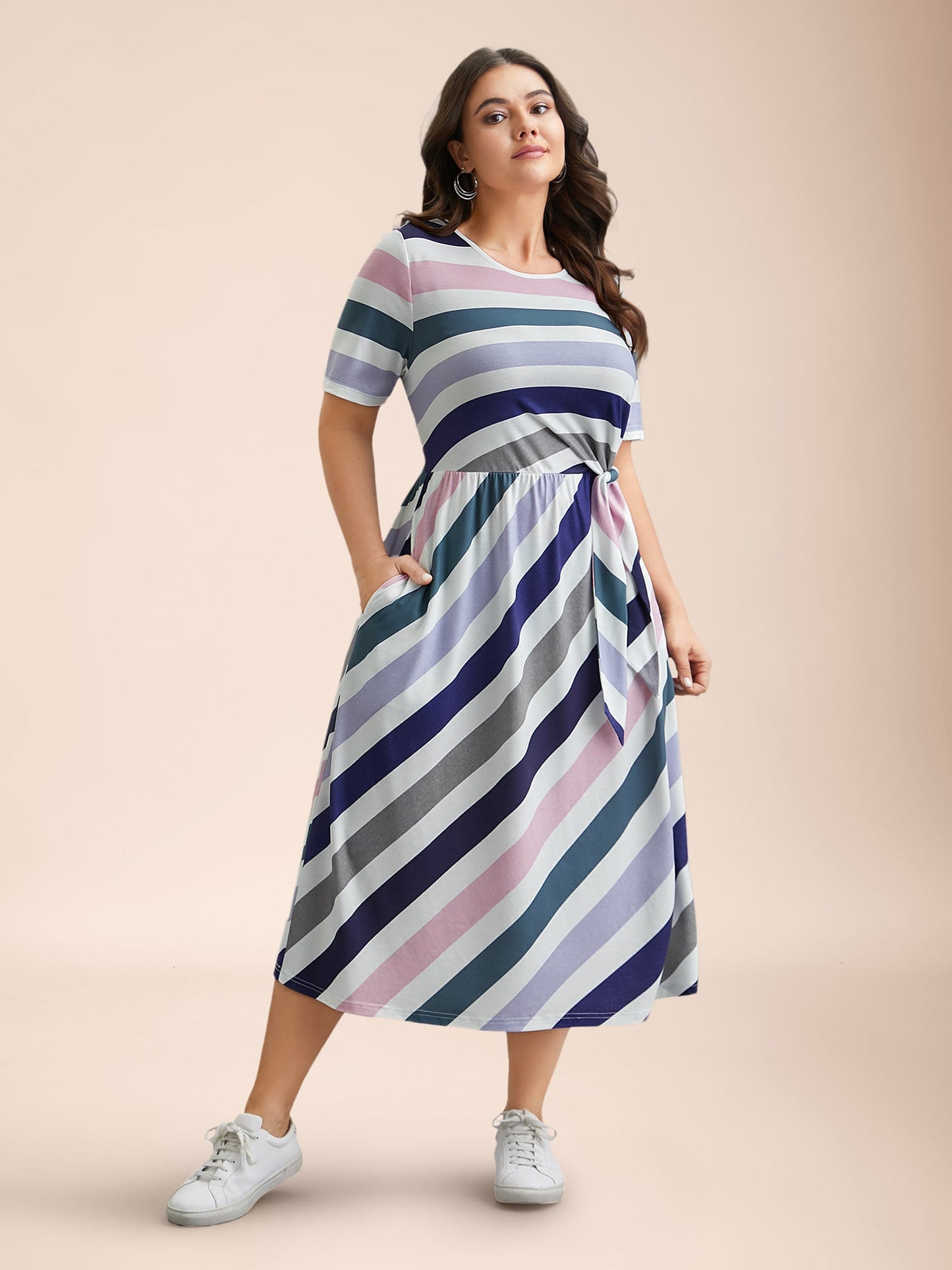 Striped Waist-Tie Half Sleeve Midi Dress