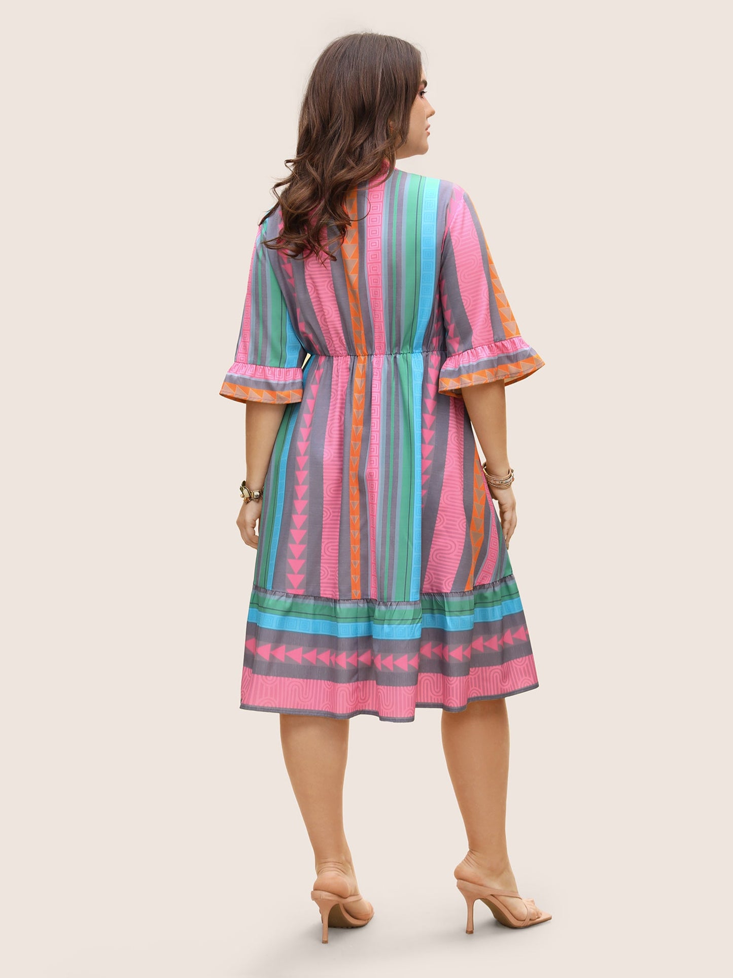 Notched Collar Geometric Striped Ruffle Sleeve Dress
