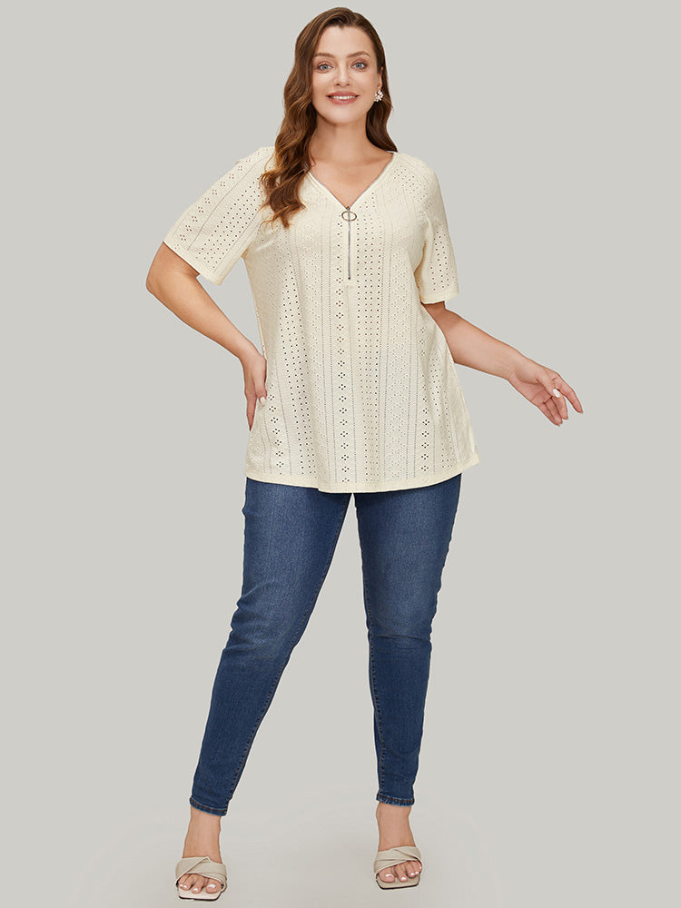 Solid Half Zipper Broderie Anglaise T-shirt