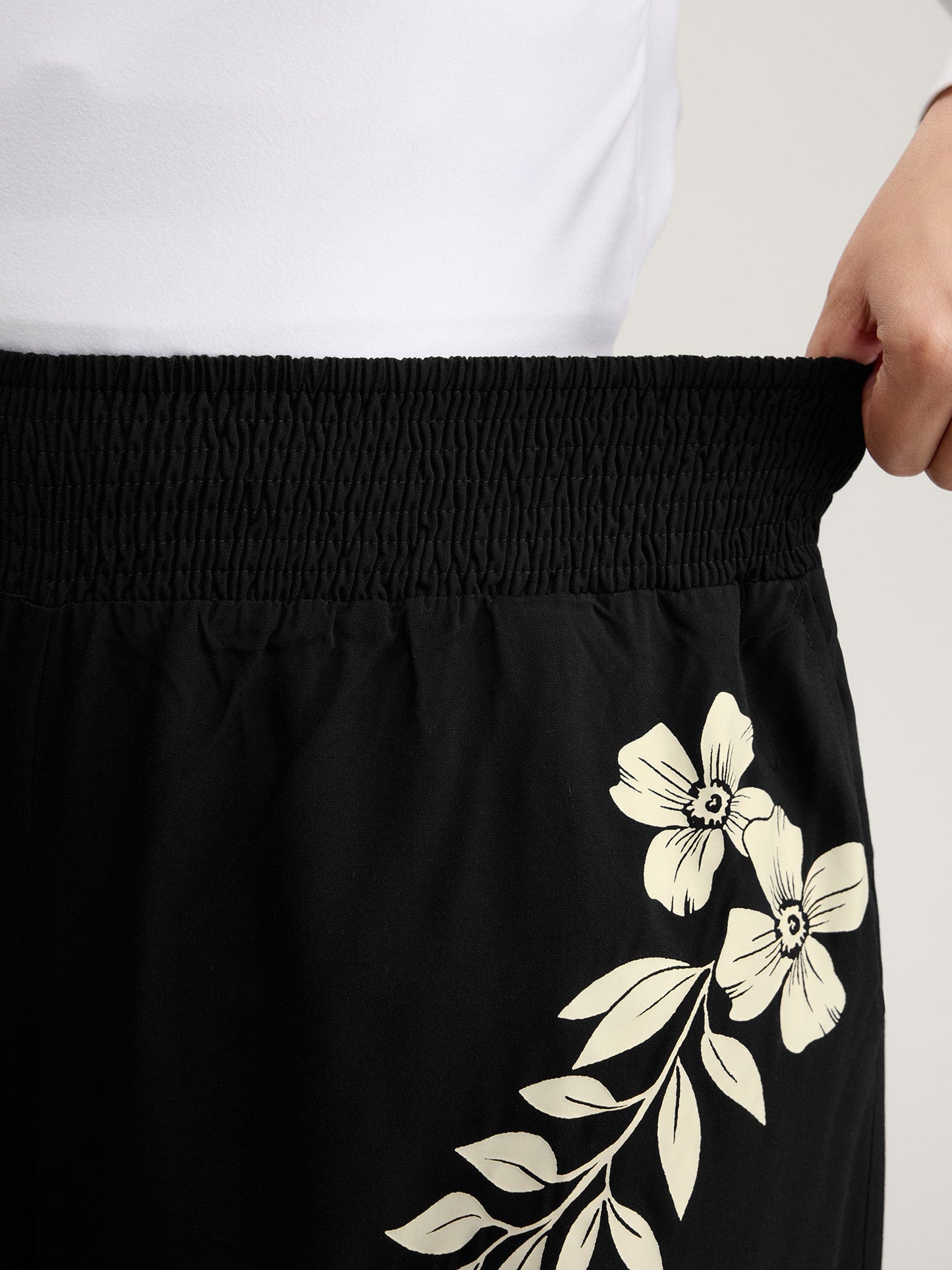 Floral Print Shirred Waist Wide-Leg Pants