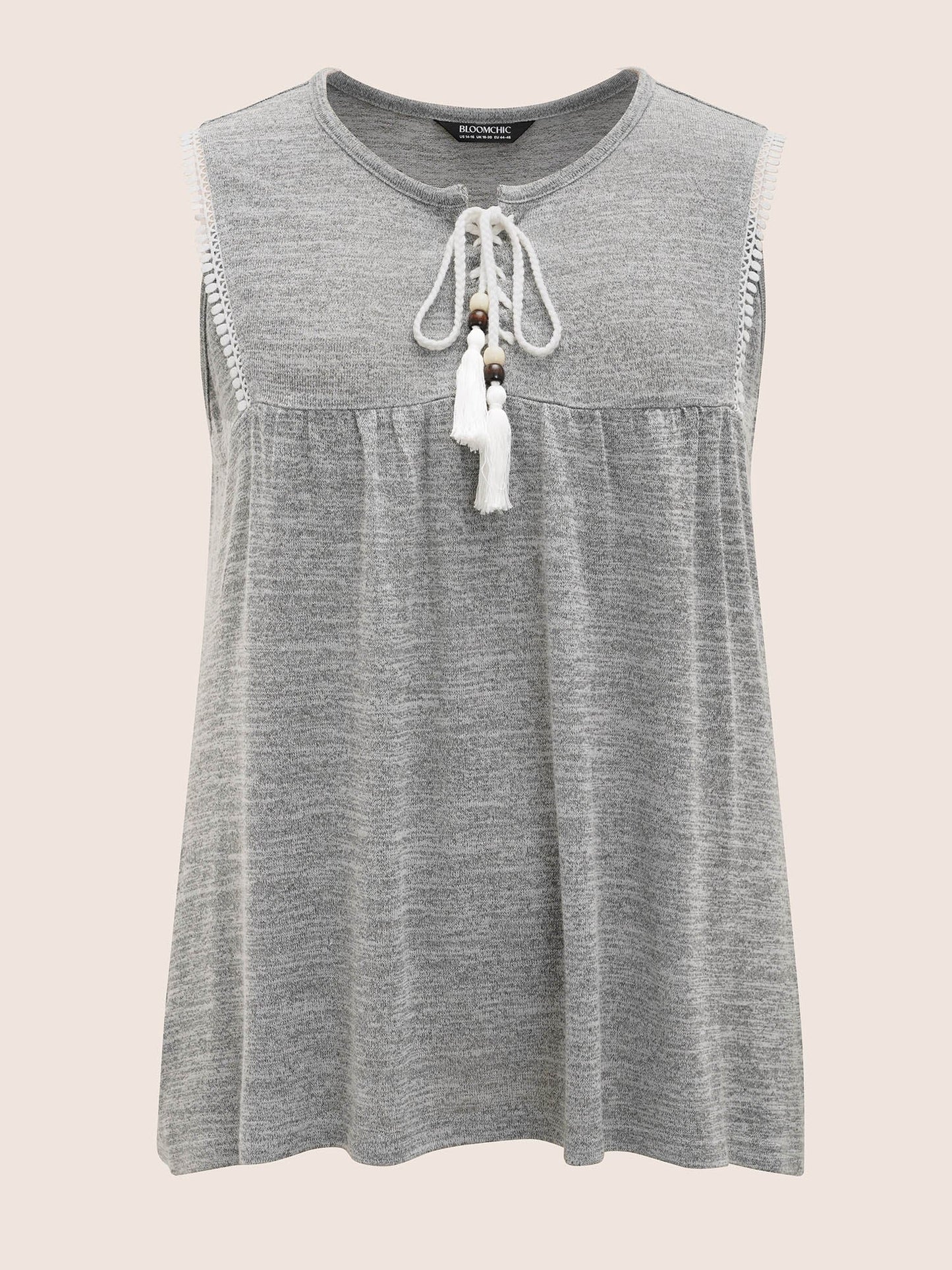 Textured Lace Up Tassel Pompom Trim Tank Top