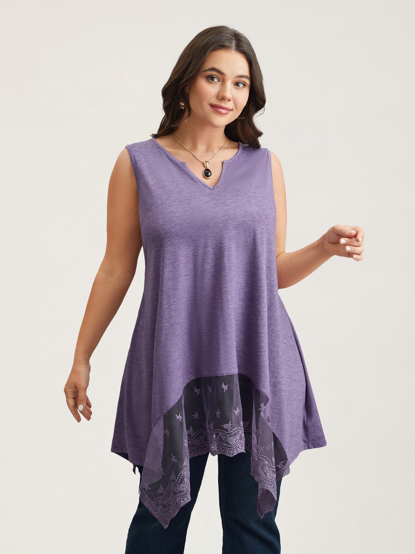 Notched Collar Sheer Lace Hi-Low Hem Vest