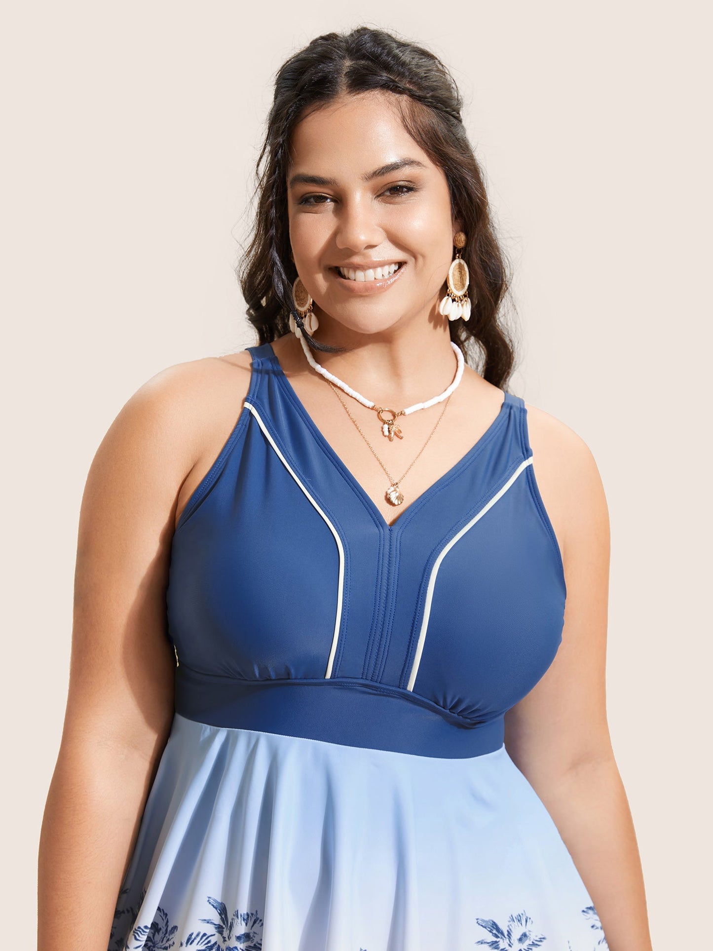 V Neck Tropical Print Contrast Swim Dress