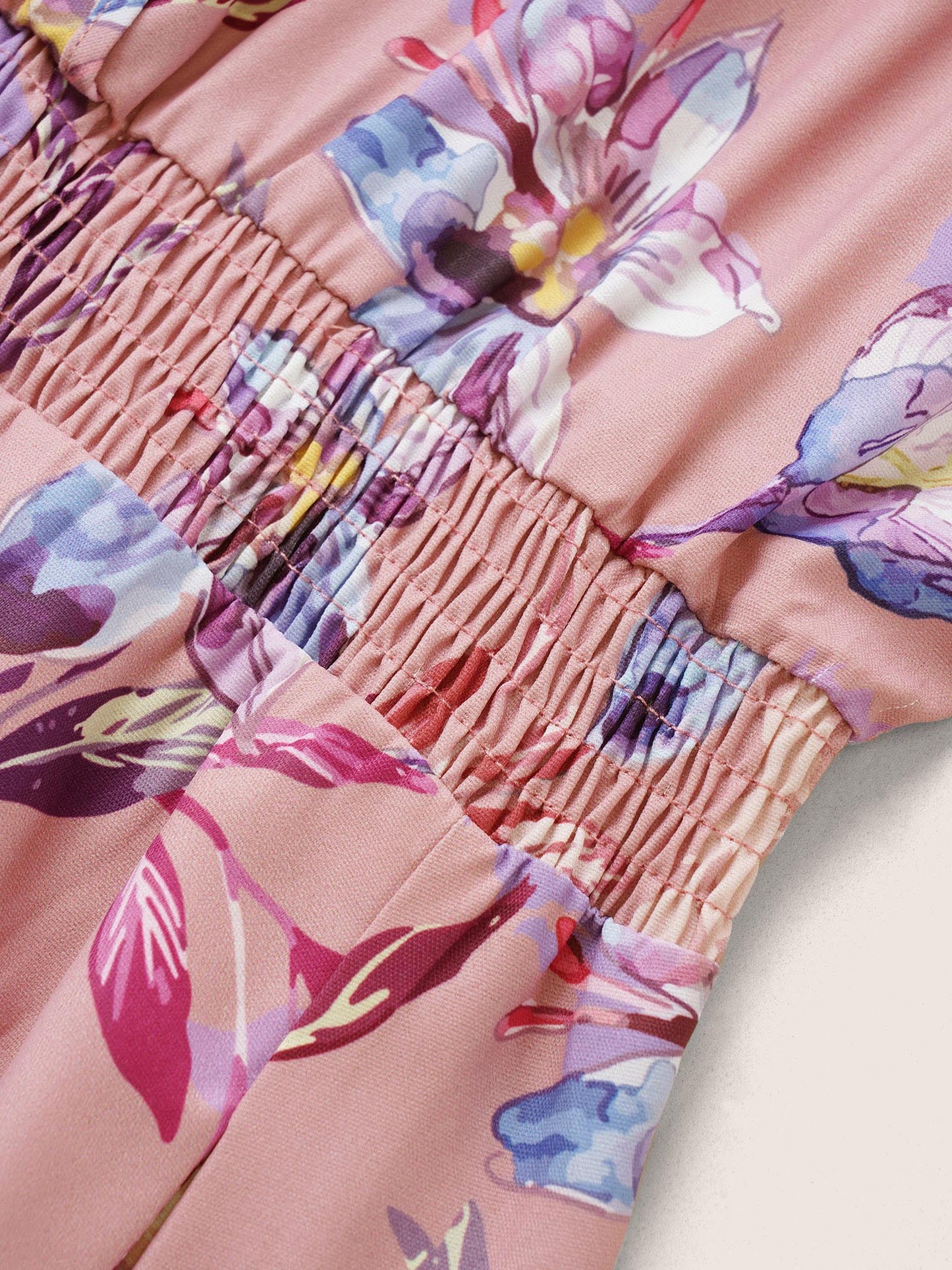 Floral Shirred Overlap Collar Elastic Waist Dress