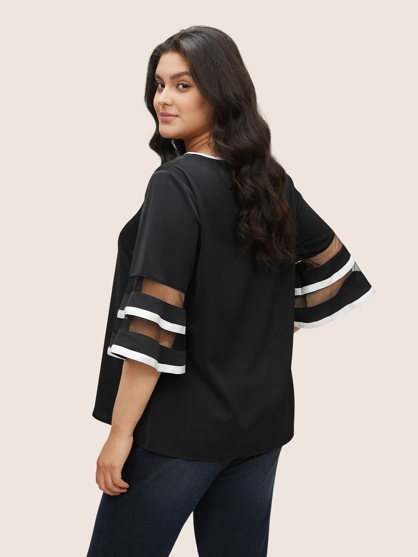 Contrast Patchwork Mesh Bell Sleeve Blouse