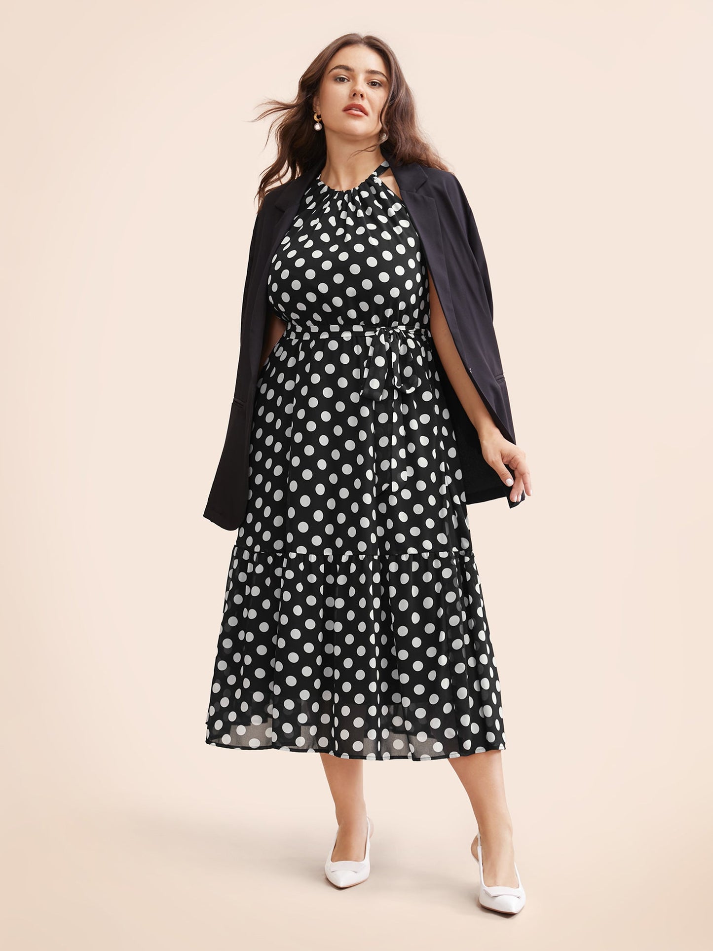 Halter Polka Dot Ruffle Hem Belted Dress