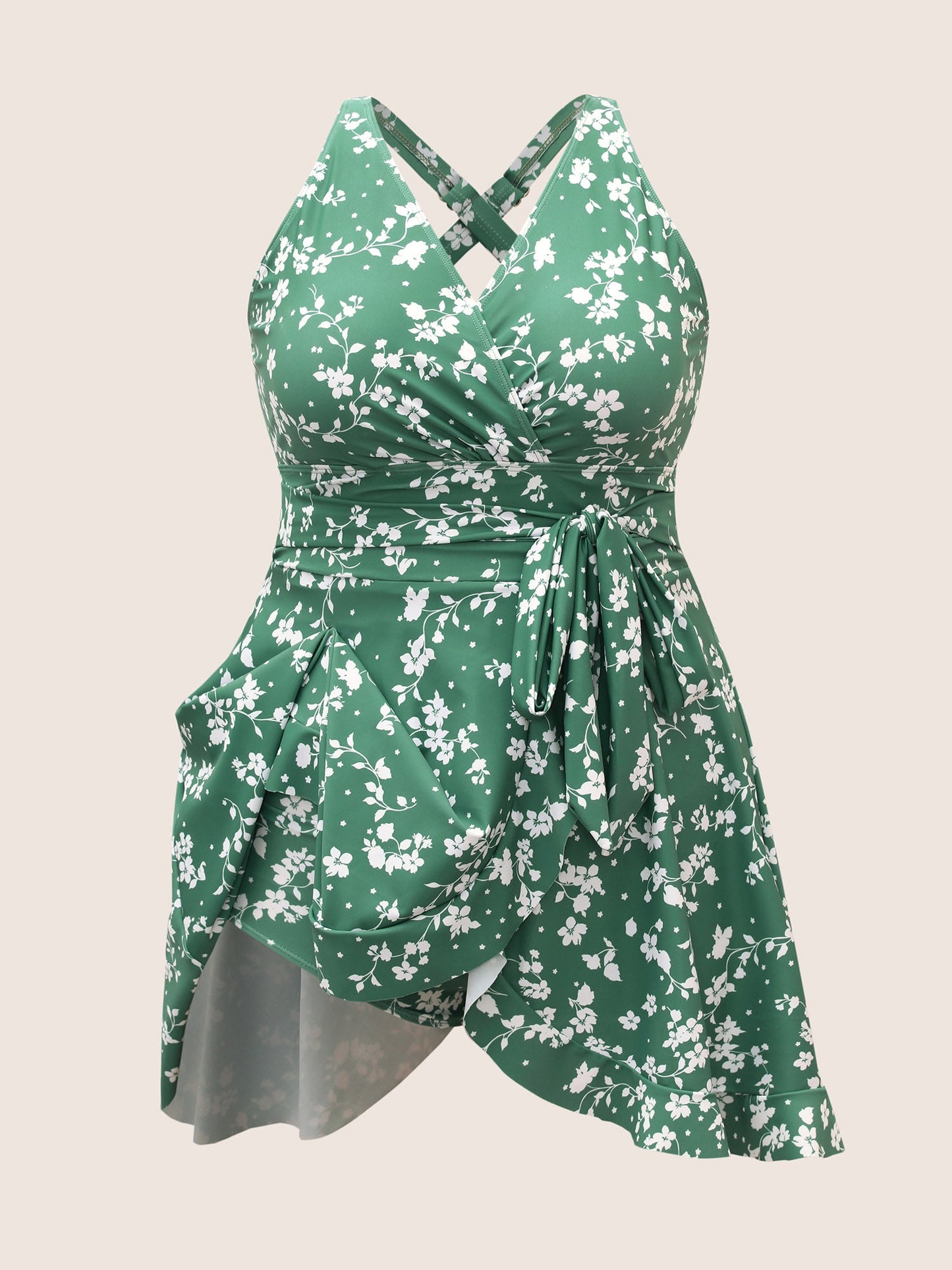Ditsy Floral Overlap Collar Tie Knot Swim Dress