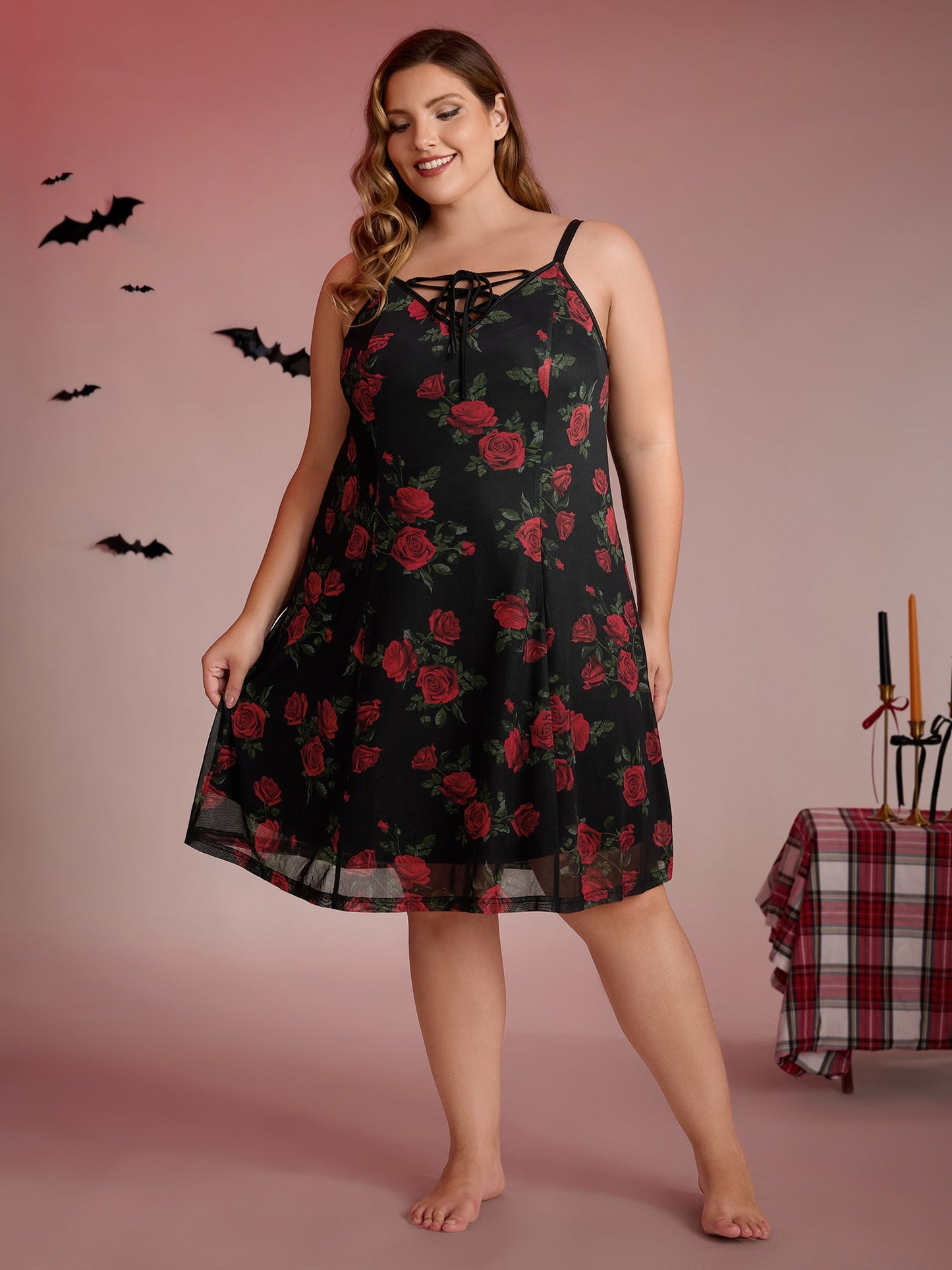 Rose Print Neck-Ties Flowy Sleep Dress