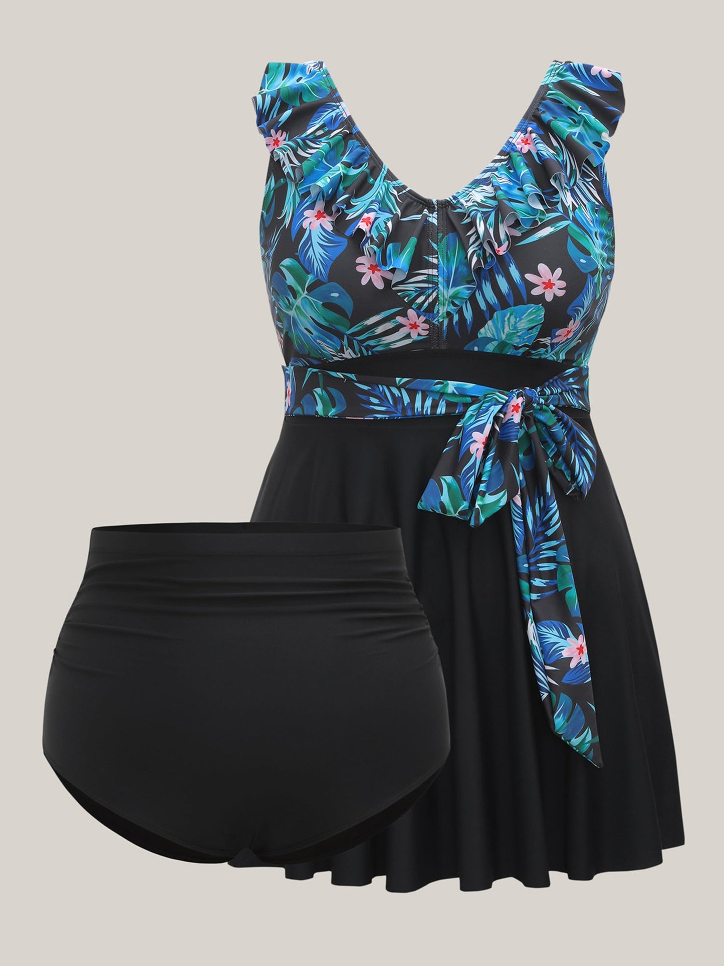 Floral Print Spliced Ruffled Straps Swim Dress
