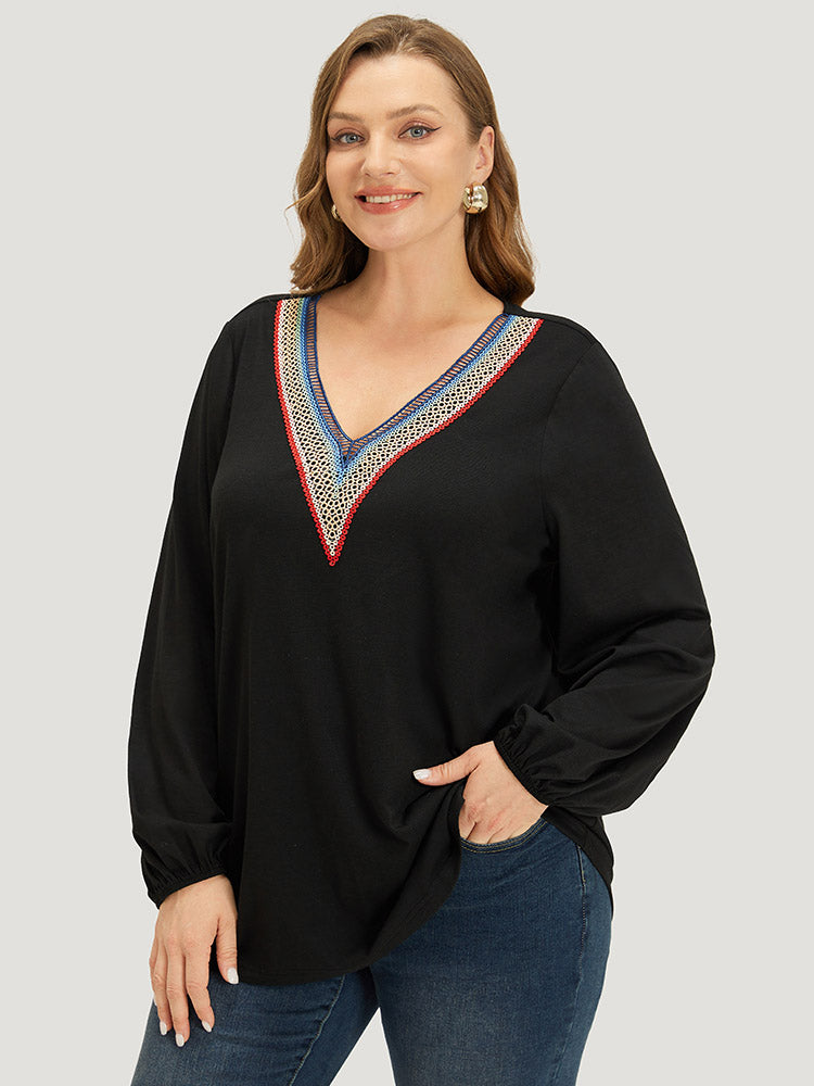 Contrast Webbing V Neck Elastic cuffs T-shirt