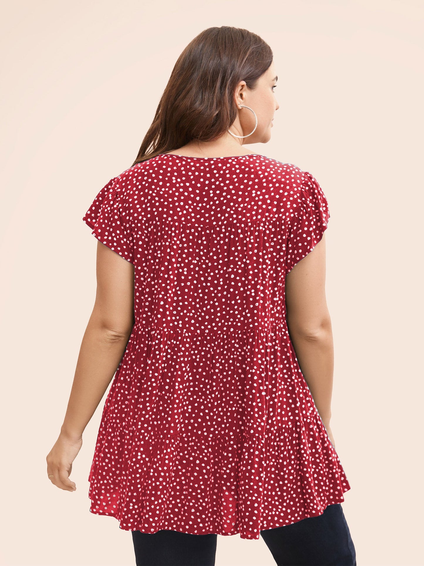 Allover Print Cap Sleeve Ruffle Hem Gathered Blouse