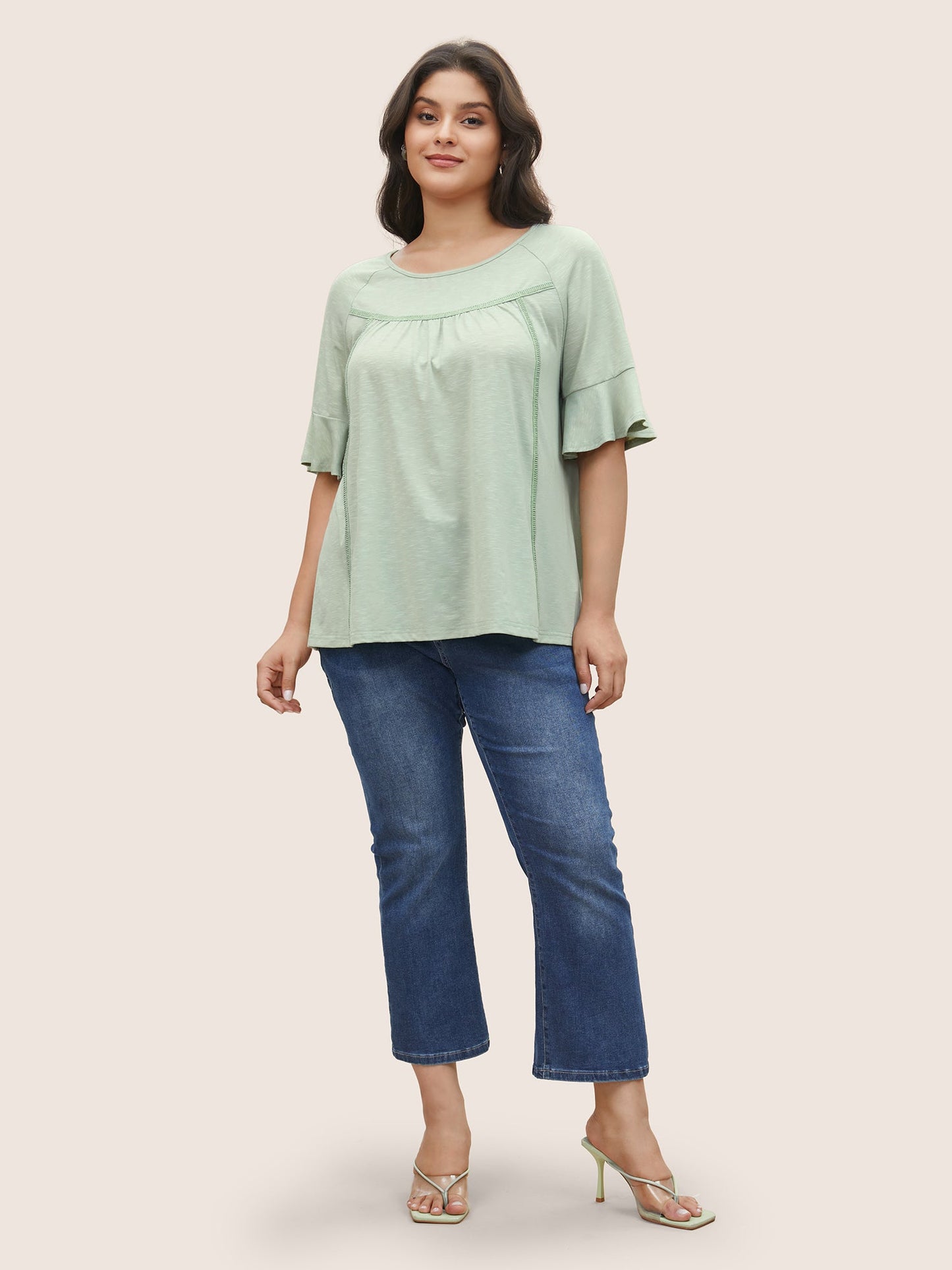 Round Neck Plain Gathered Ruffles T-shirt