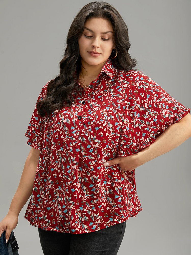 Ditsy Floral Shirt Collar Button Through Ruffle Sleeve Blouse