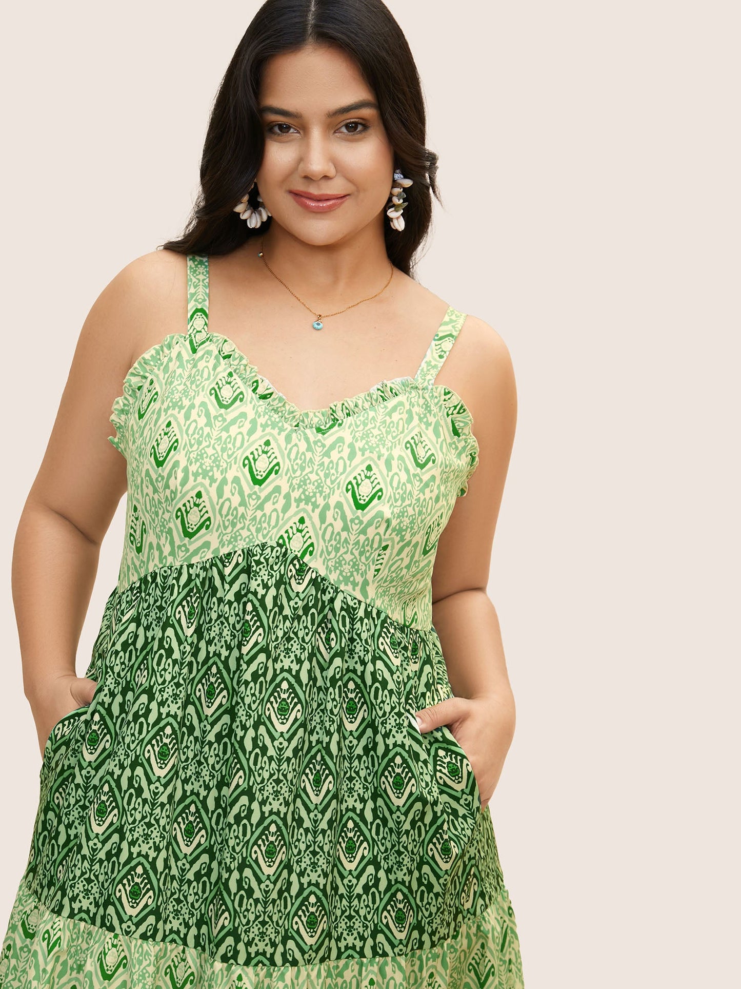 Boho Print Frill Trim Ruffle Layered Hem Dress