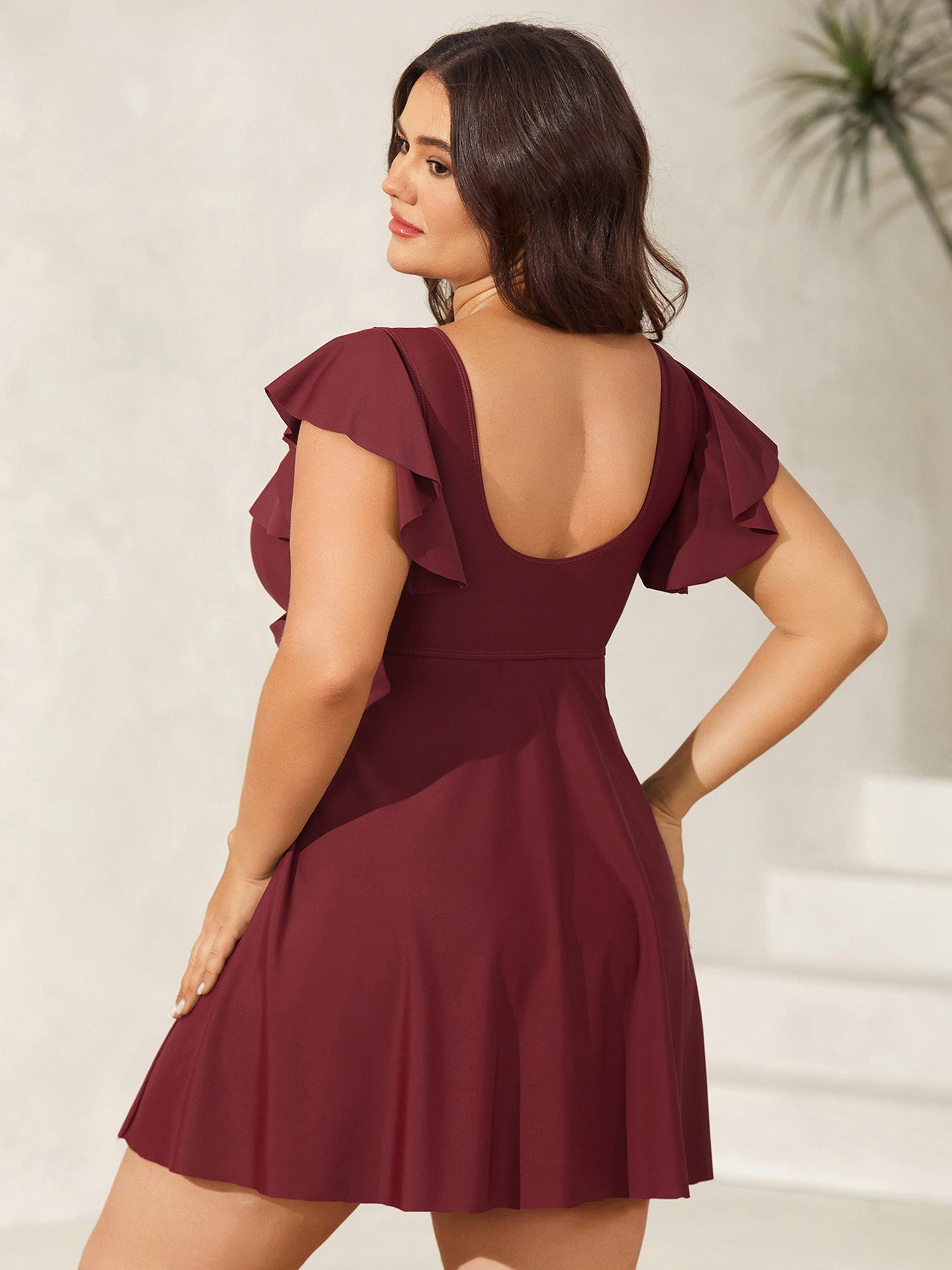 Pleated Waist Flutter Sleeve Swim Dress