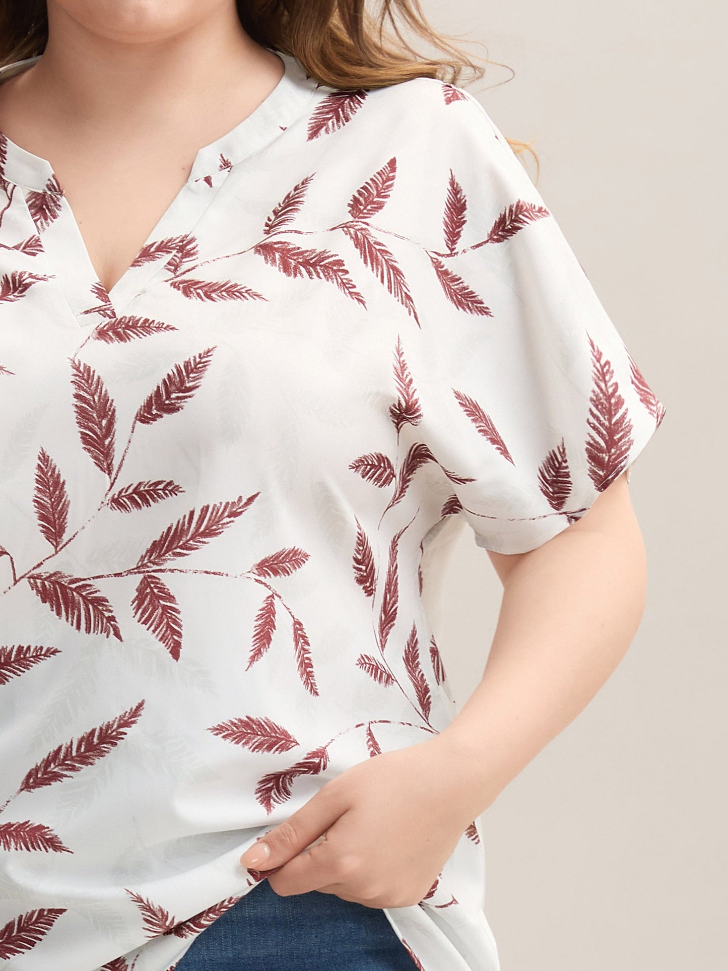Leaf Print Notched Collar Blouse