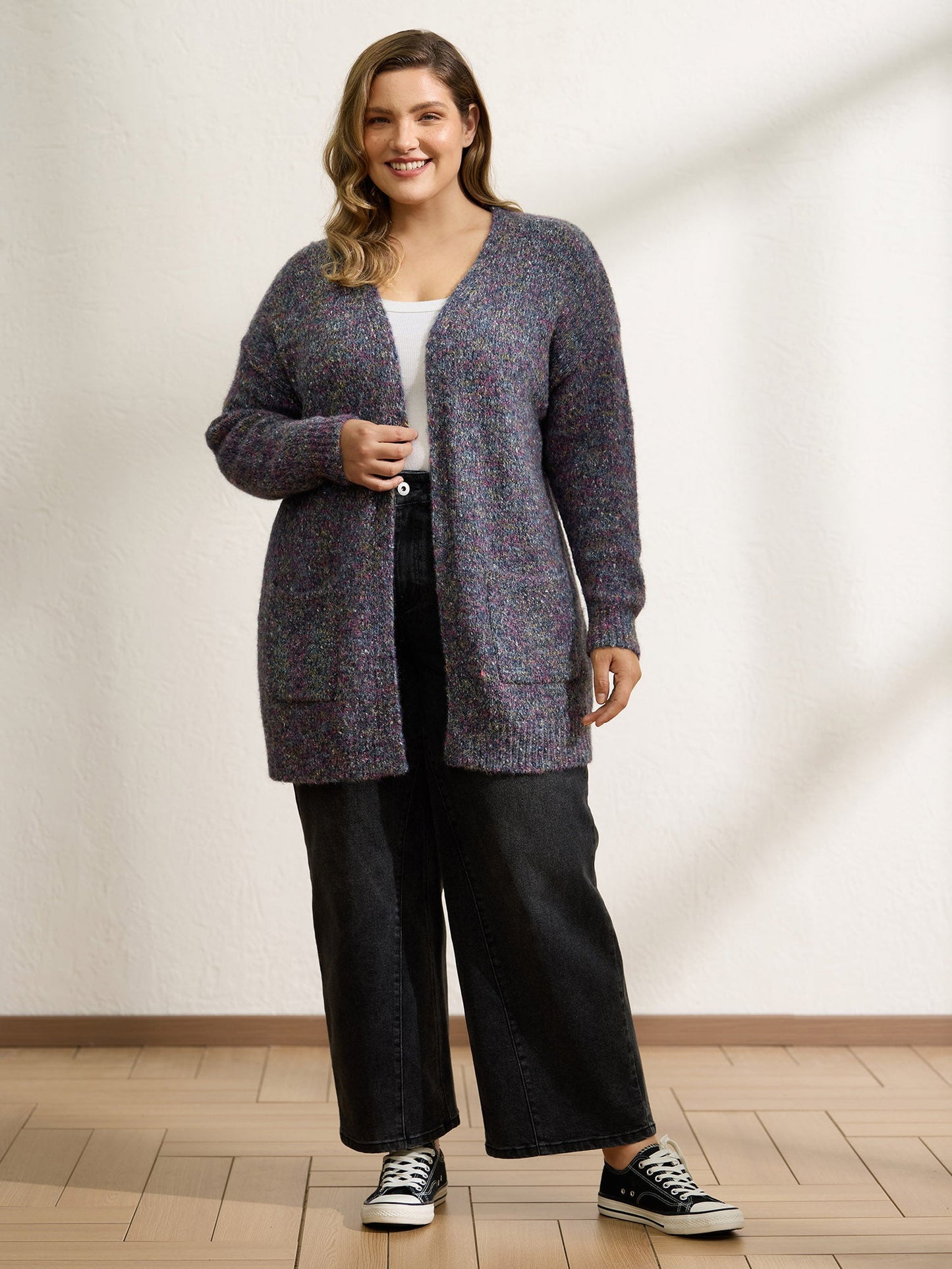 Heather Drop Shoulder Pockets Knit Cardigan