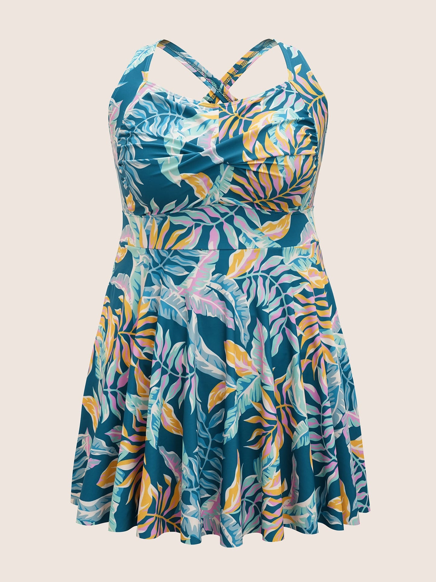 Heart Neckline Tropical Print Twist Front Swim Dress