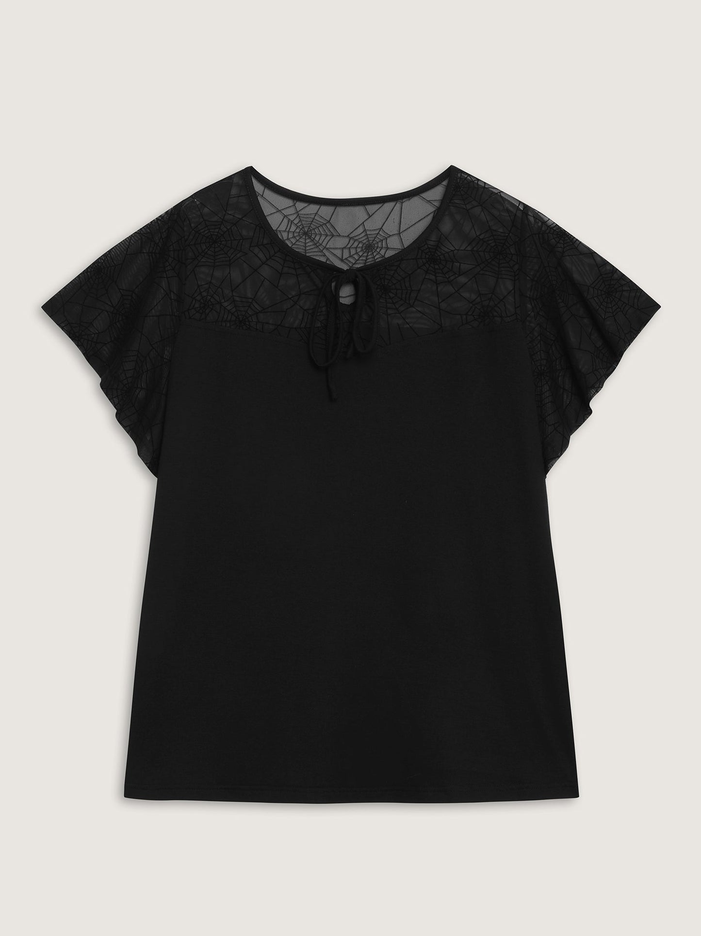 Sheer Neckline Tie Ruffled Sleeve T-Shirt