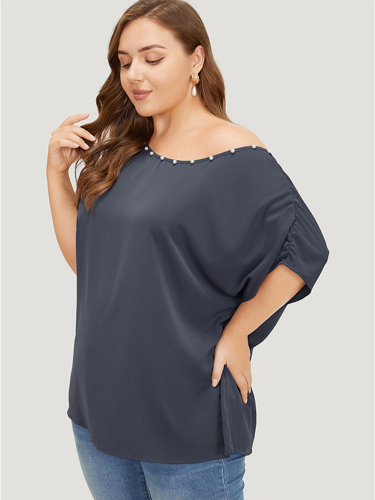 Solid Pearl Beaded Ruched Sleeve Blouse