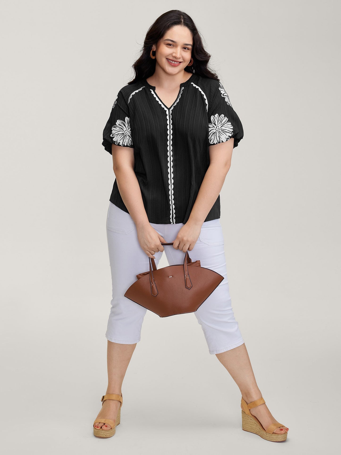 Textured Floral Embroidered Notched Collar Blouse