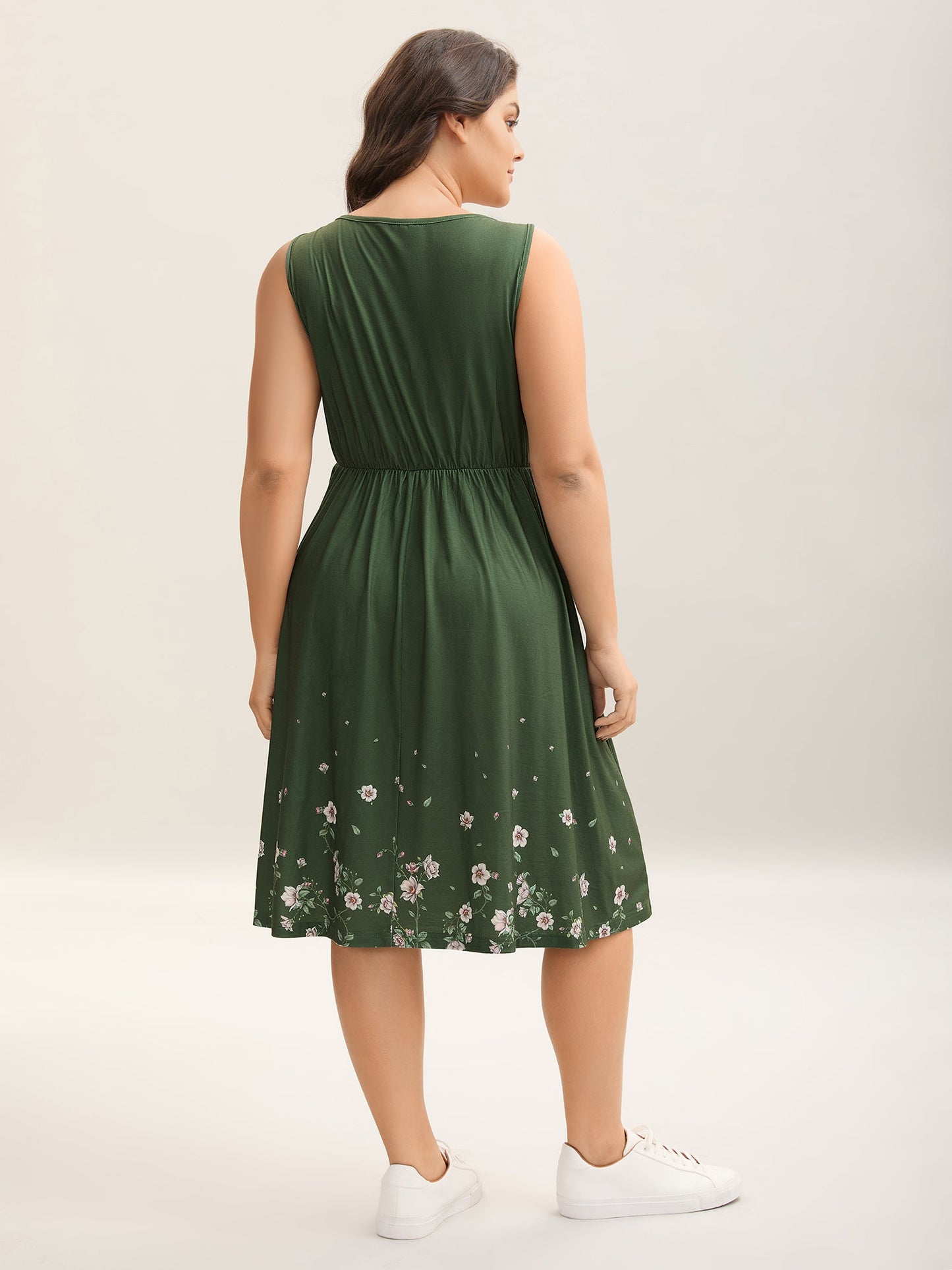 Floral Hem Print Cinched-Waist Midi Dress