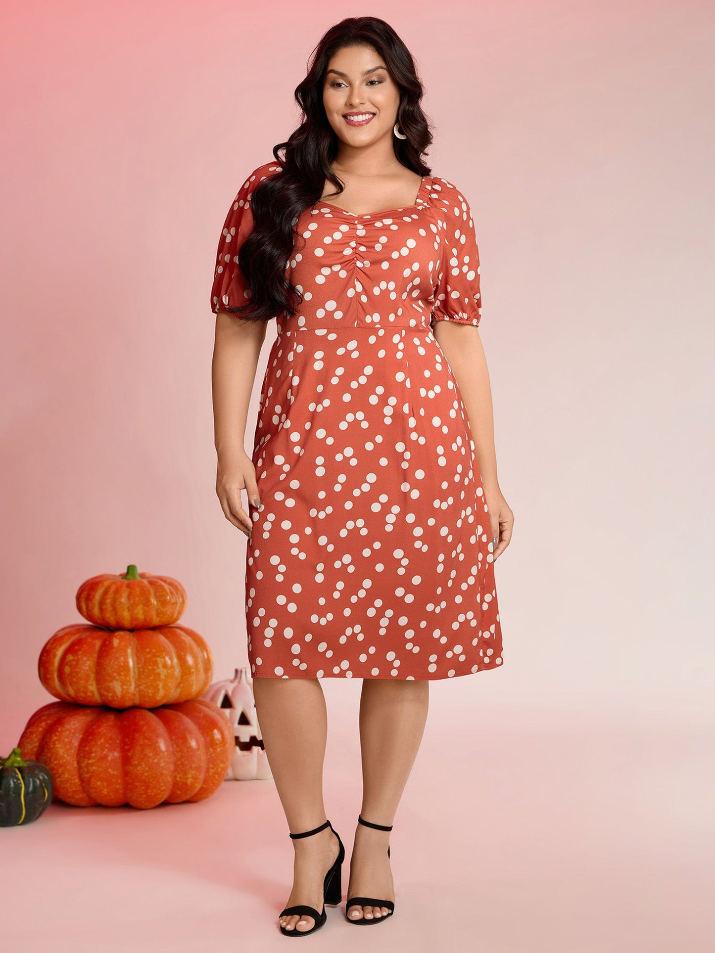 Polka Dots Gathered Bust Pockets Midi Dress