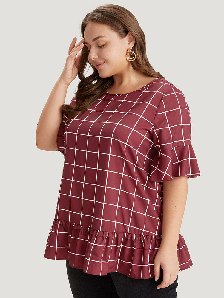 Plaid Frill Trim Bell Sleeve Flutter Hem Blouse