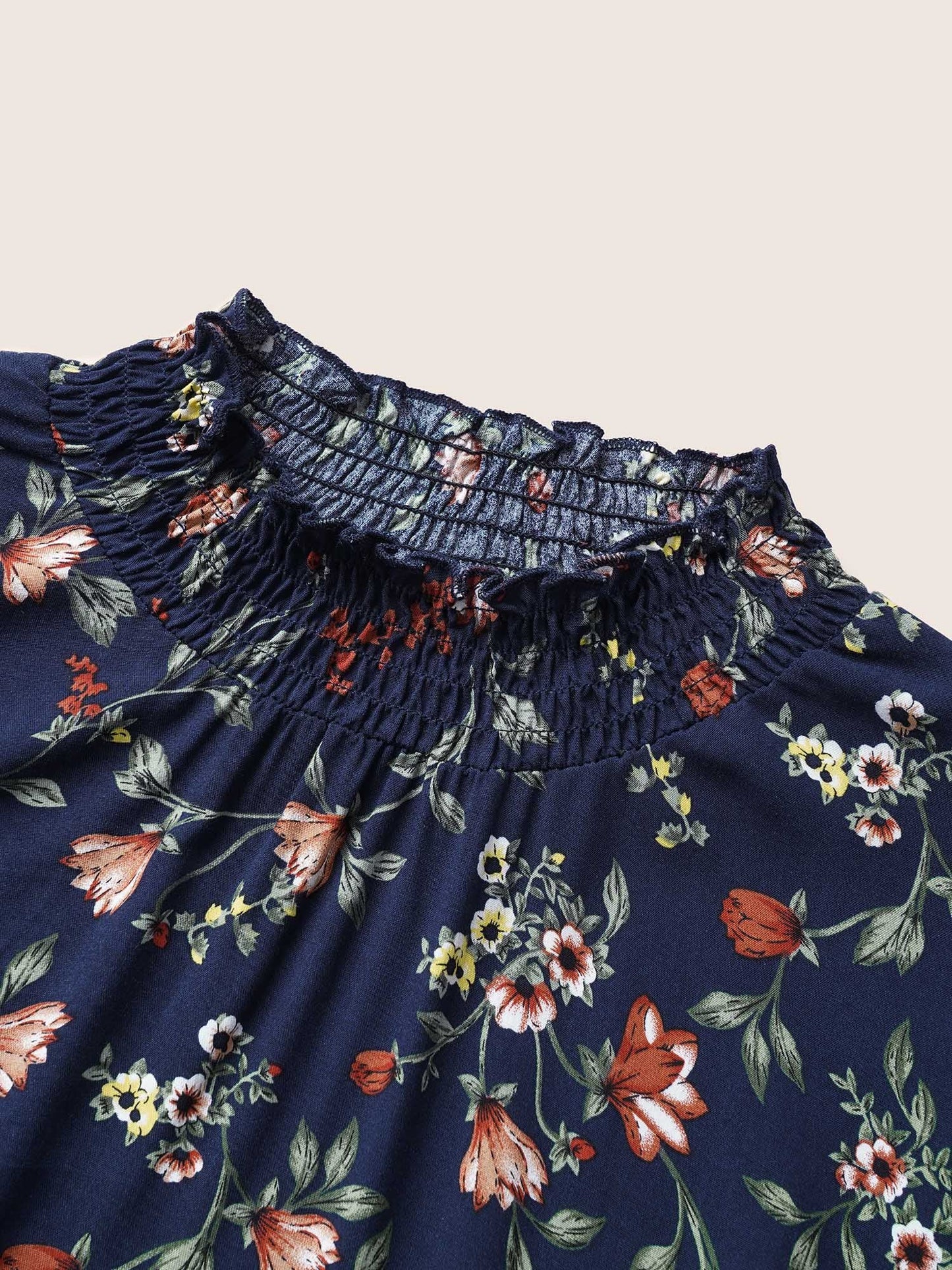 Floral Lantern Sleeve Shirred Mock Neck Blouse