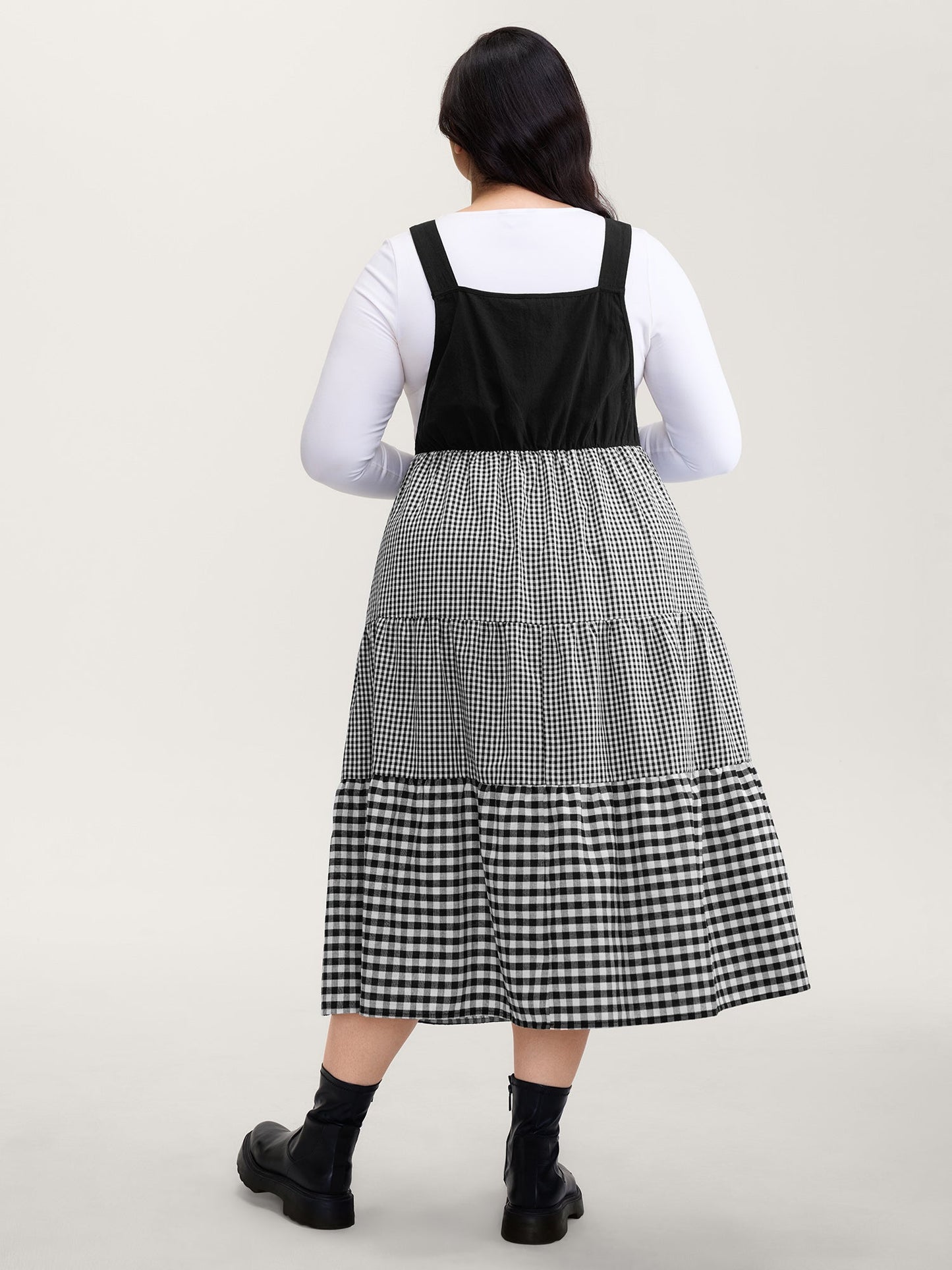 Cotton Gingham Patchwork Overall Strap Midi Dress