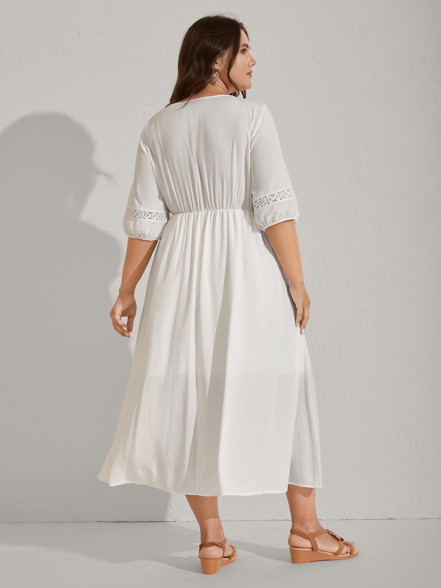 Rayon Lace Trim Cinched-Waist Midi Dress