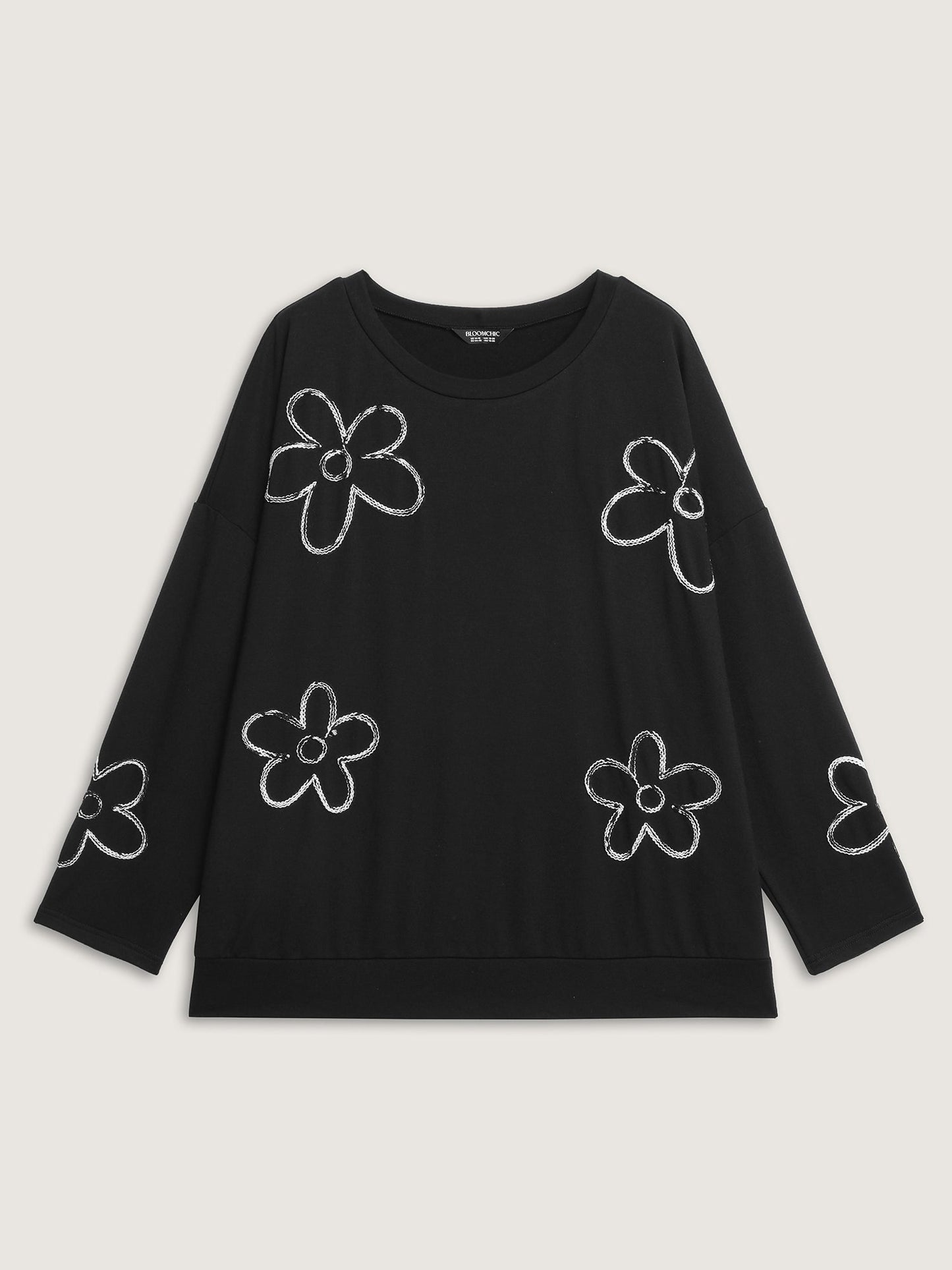 Floral Cord Embroidery Round Neck Sweatshirt