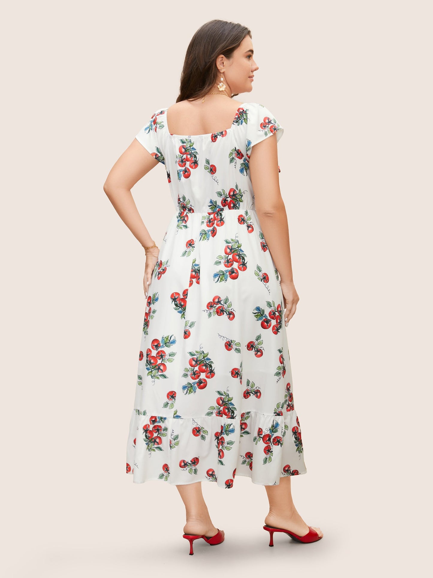 Tomato Print Square Neck Ruffle Cap Sleeve Dress
