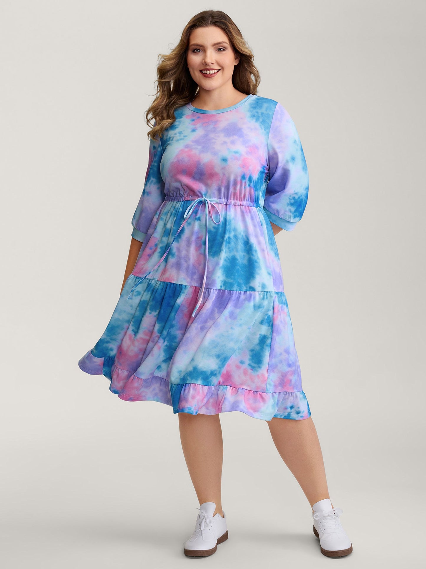 Tie-Dye Print Drawstring Waist Midi Dress