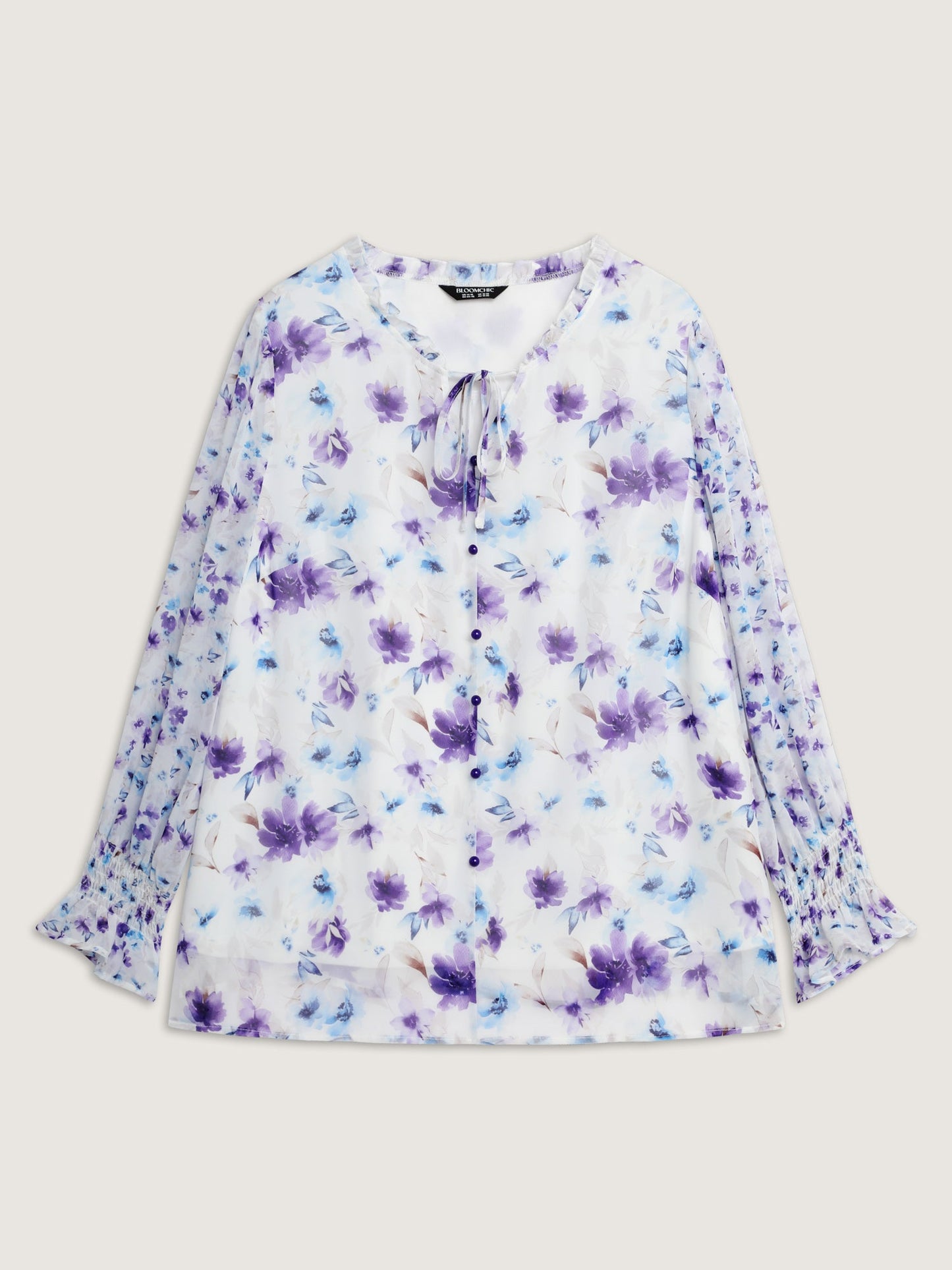 Chiffon Floral Spliced Neckline Tie Blouse