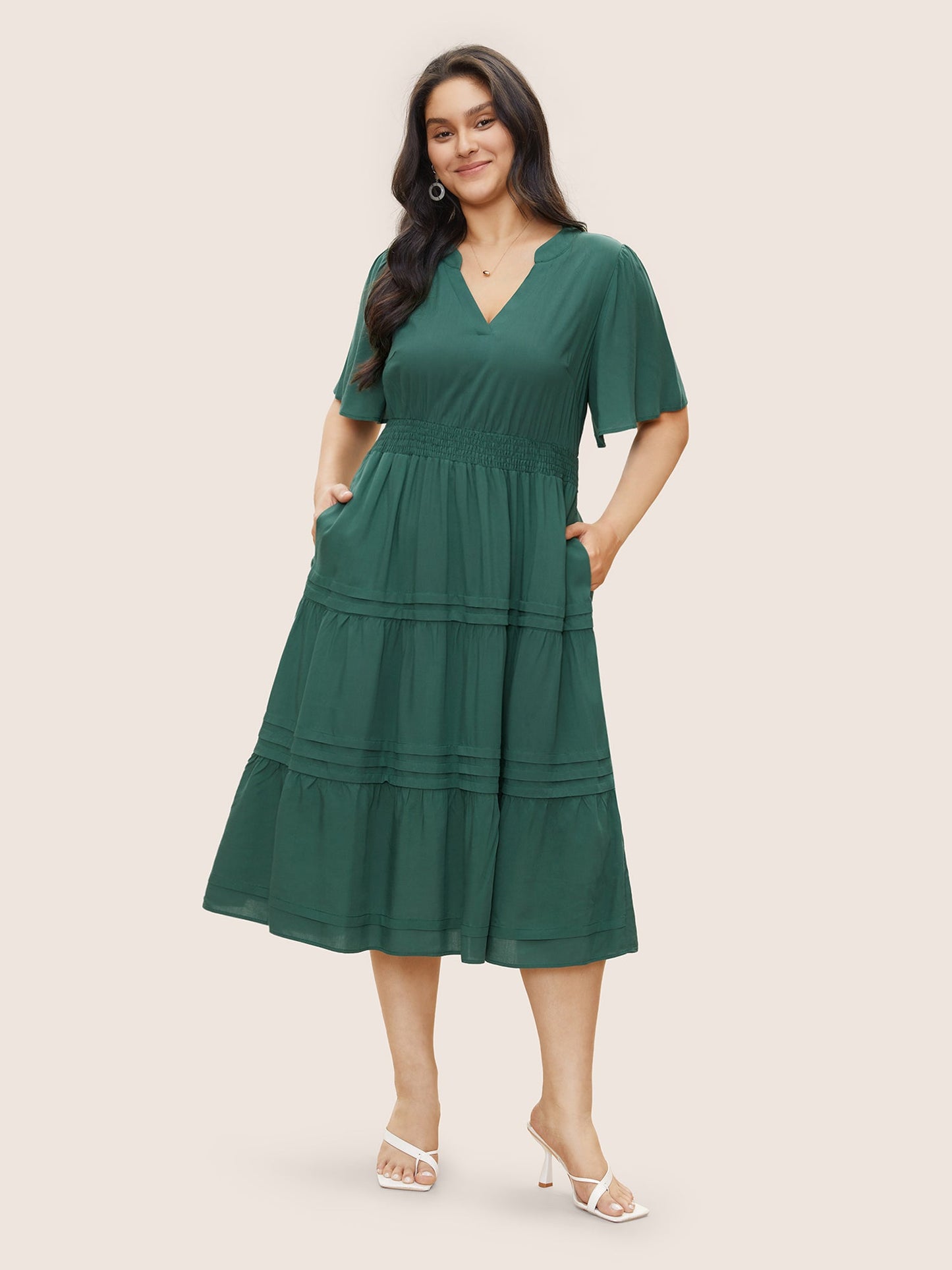 Plain Shirred Notched Pocket Pleated Dress