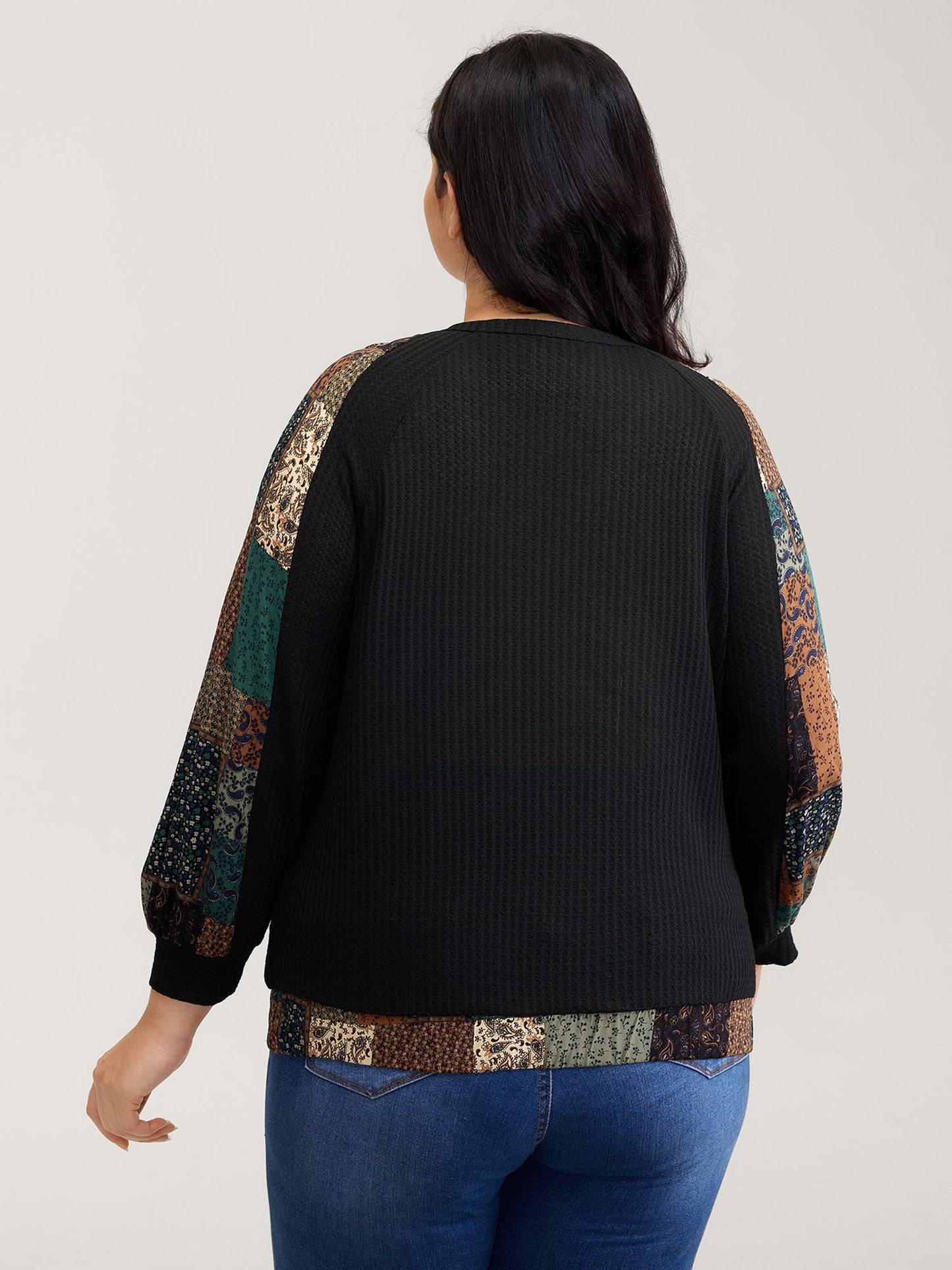 Textured Lace Trim Contrast Sleeve Sweatshirt
