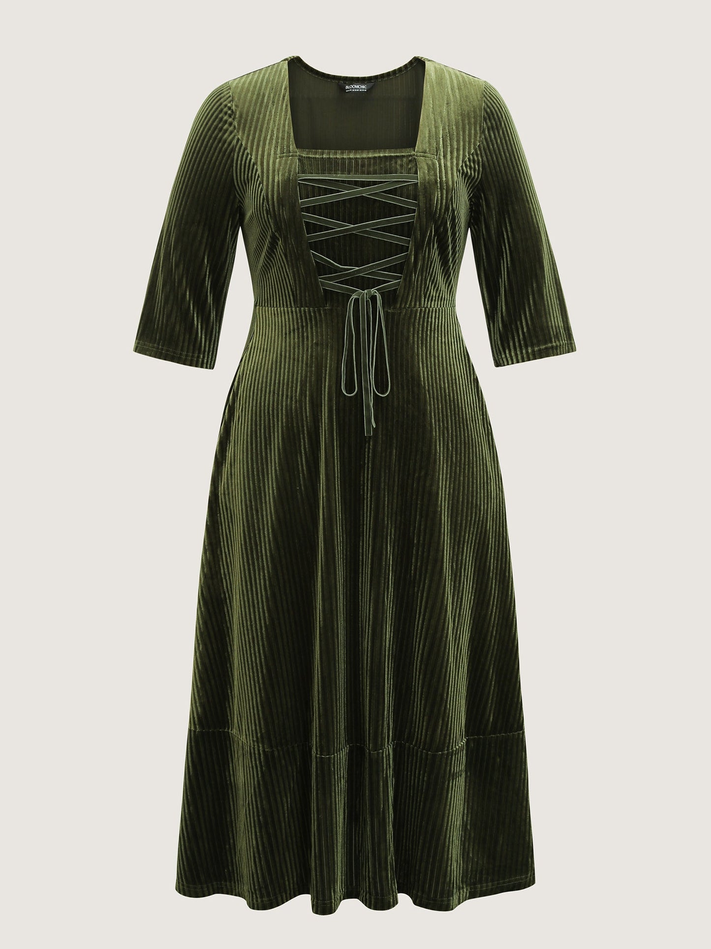 Adjustable Cross-Tie Velvet Stretchy Waist Midi Dress