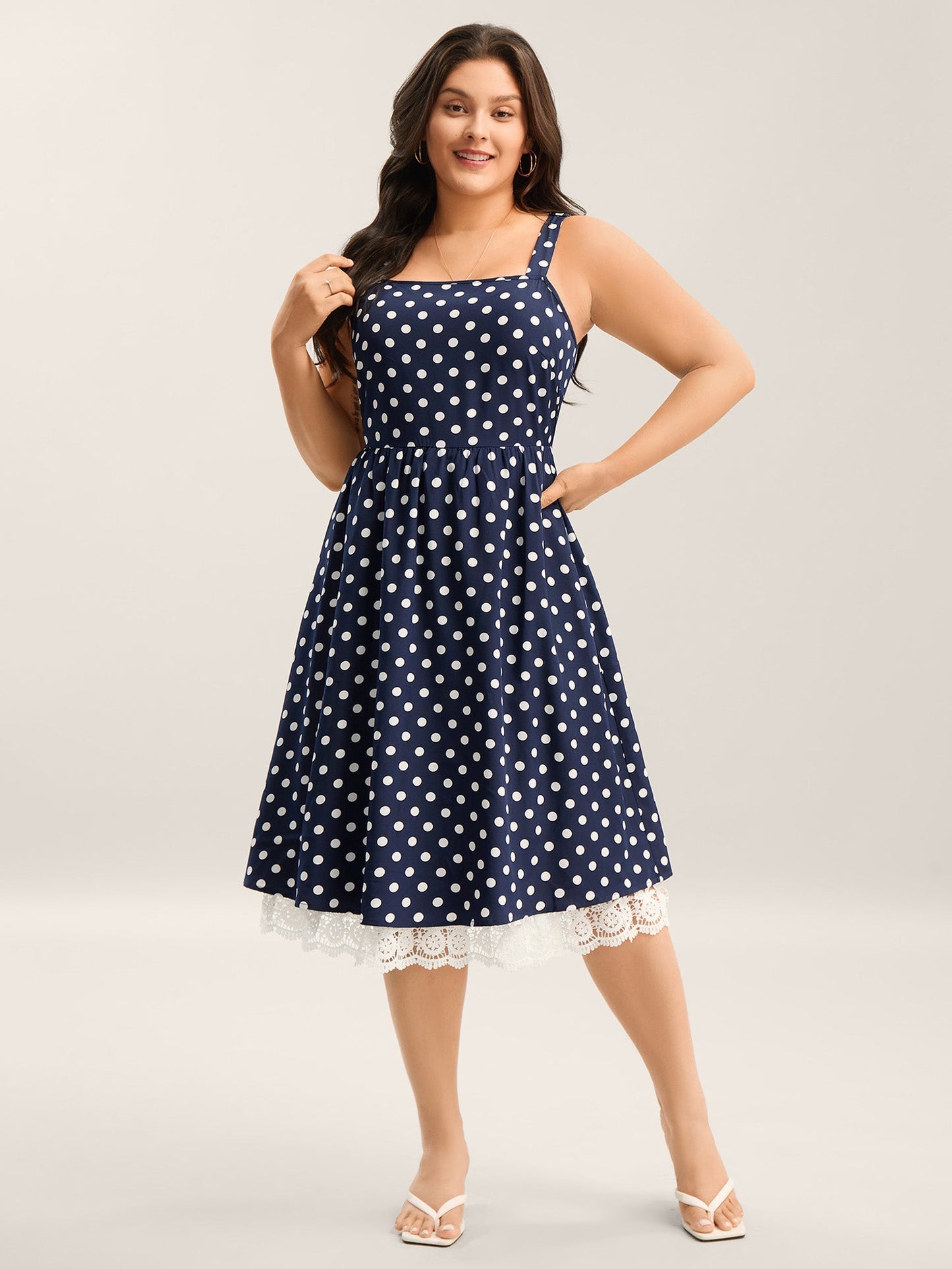 Polka Dots Print Adjustable Lace Midi Dress
